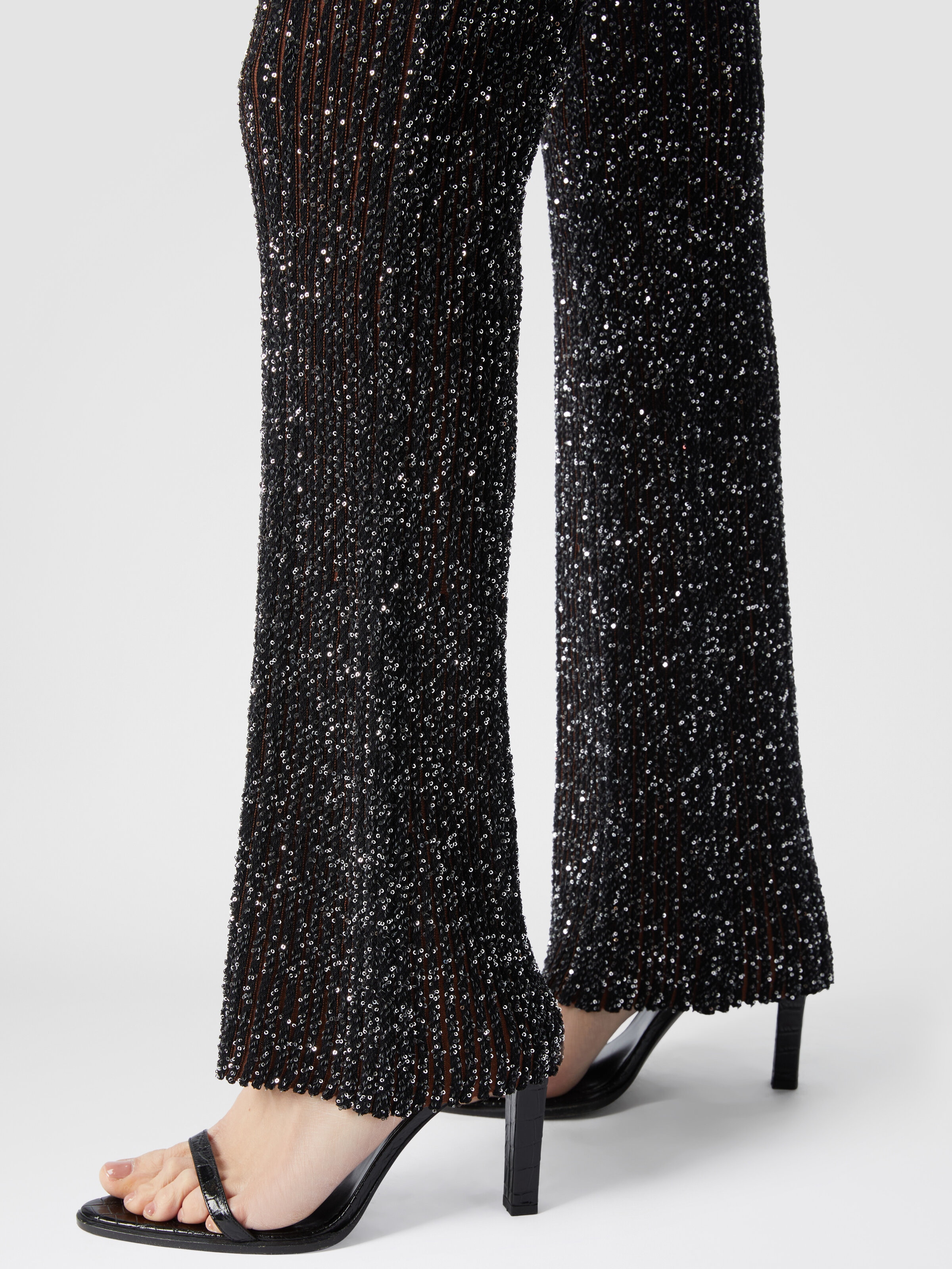 Ribbed stretch flared trousers with sequins, Black & Brown - 4
