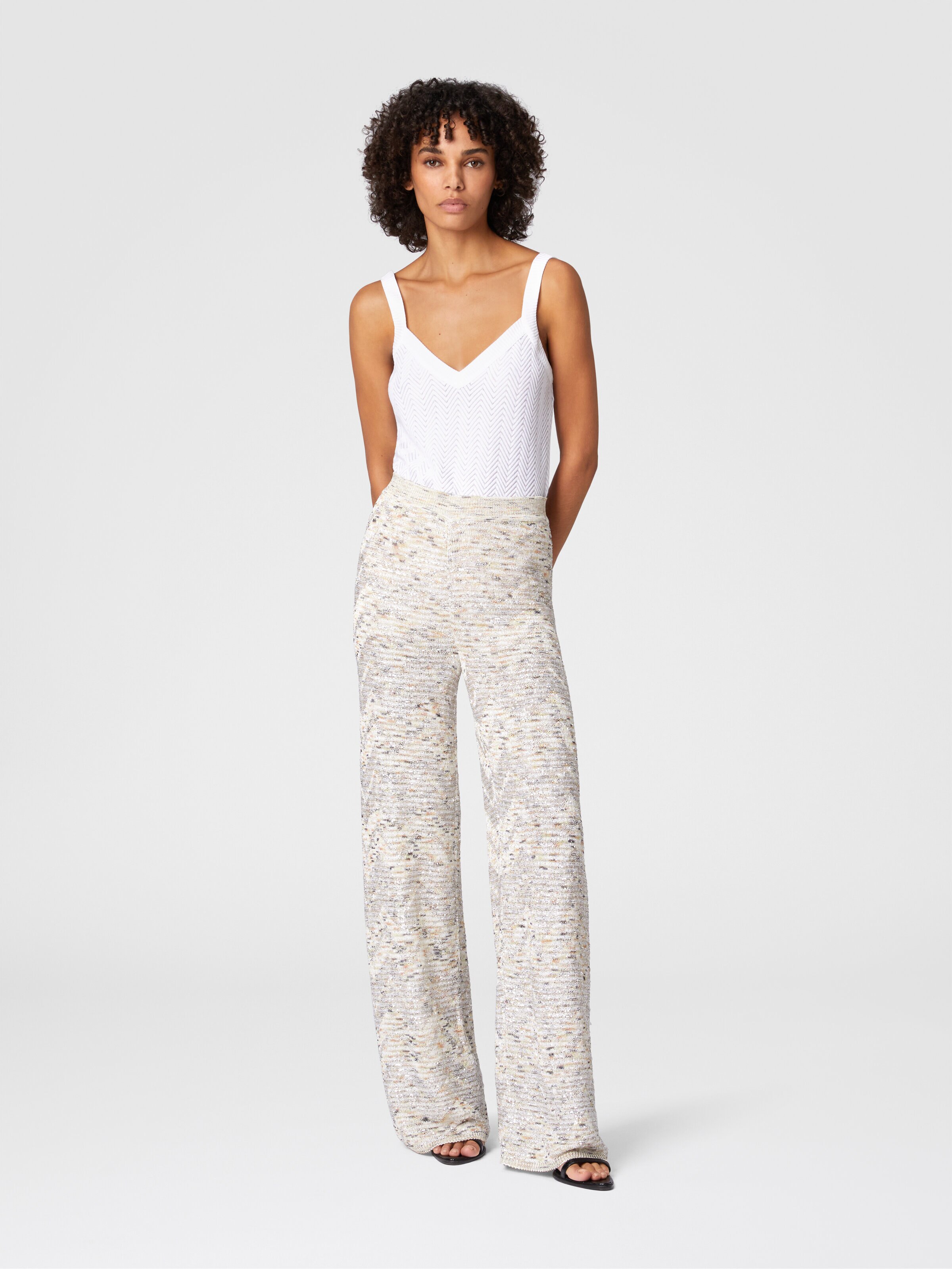 Flare trousers in slub knit with sequins, White & Beige - 1