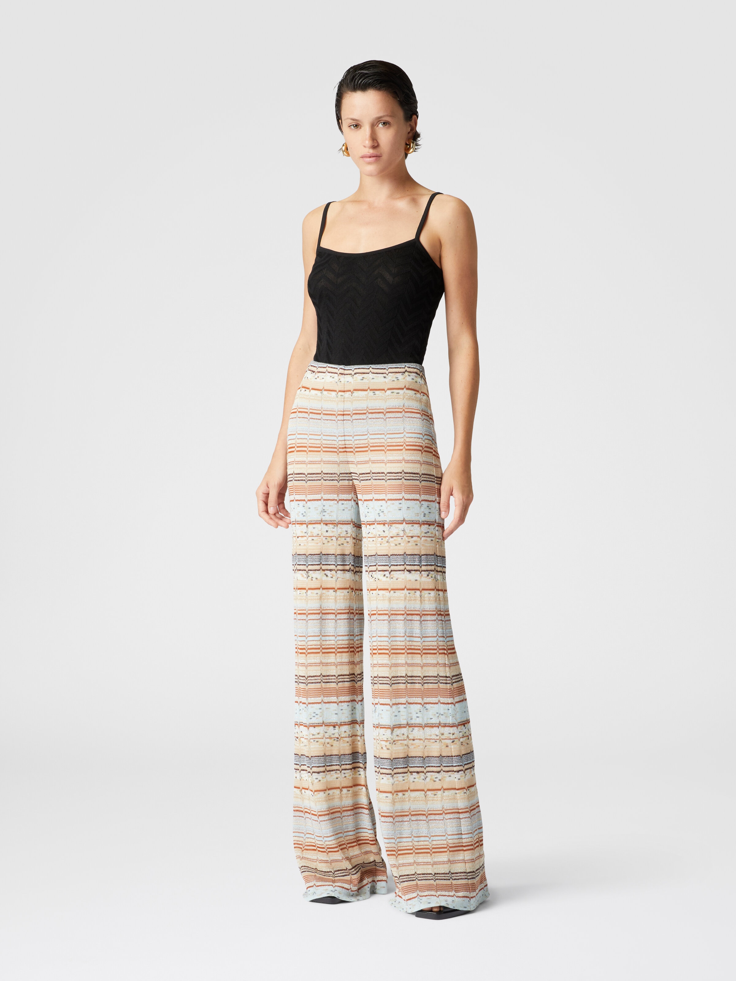 Viscose and cotton palazzo trousers with lamé zigzag fret, Multicoloured  - 1