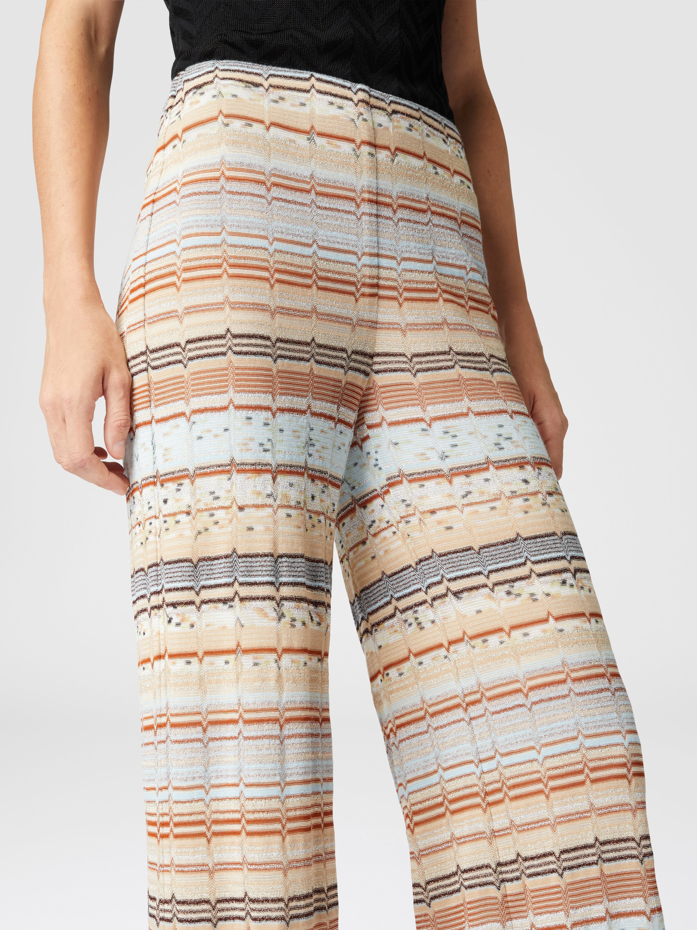 Viscose and cotton palazzo trousers with lamé zigzag fret, Multicoloured  - 4