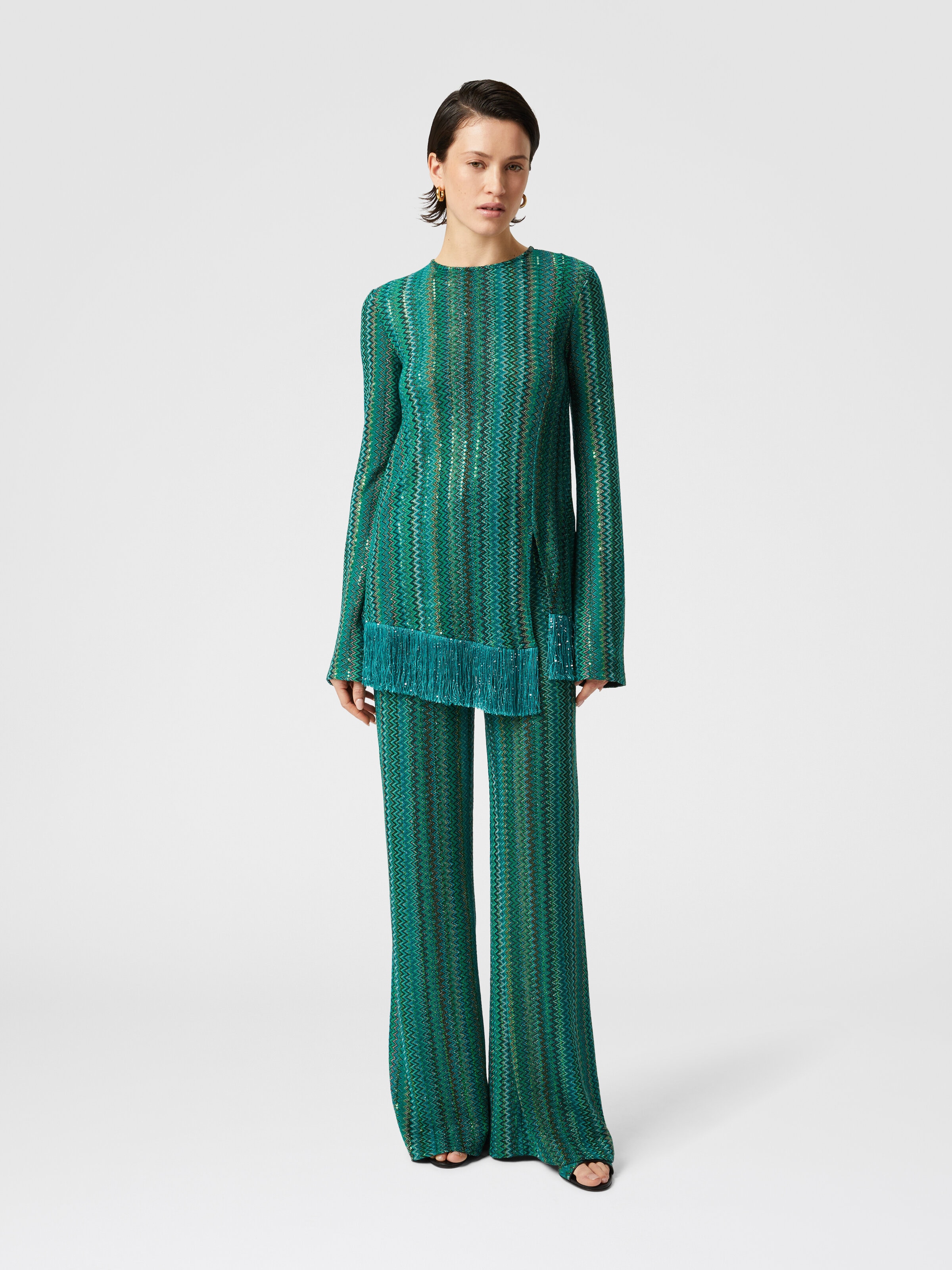 Flare trousers in zigzag viscose blend with sequins, Multicoloured  - 1