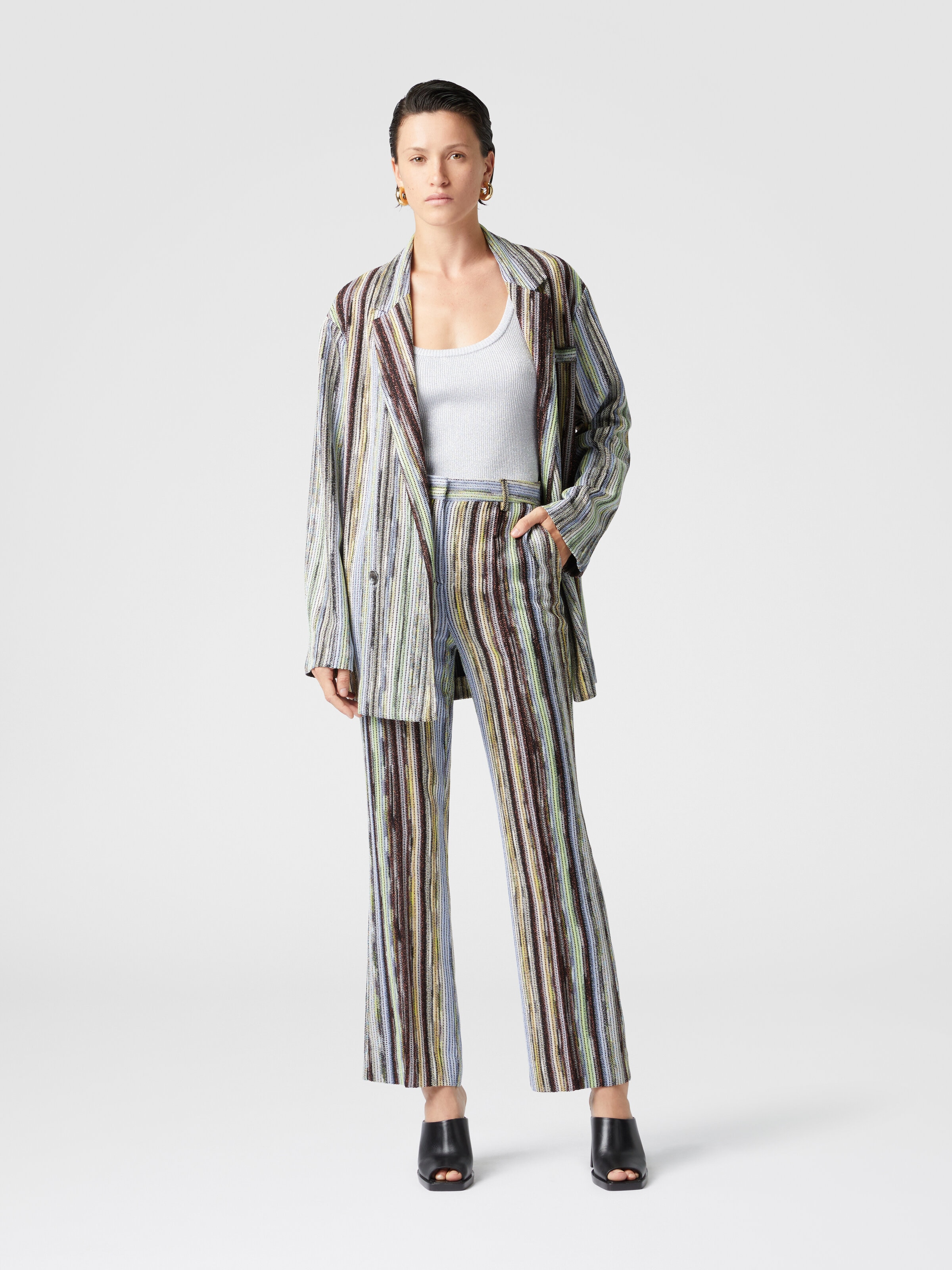 Classic trousers in striped lamé slub viscose with cropped hem, Multicoloured  - 1