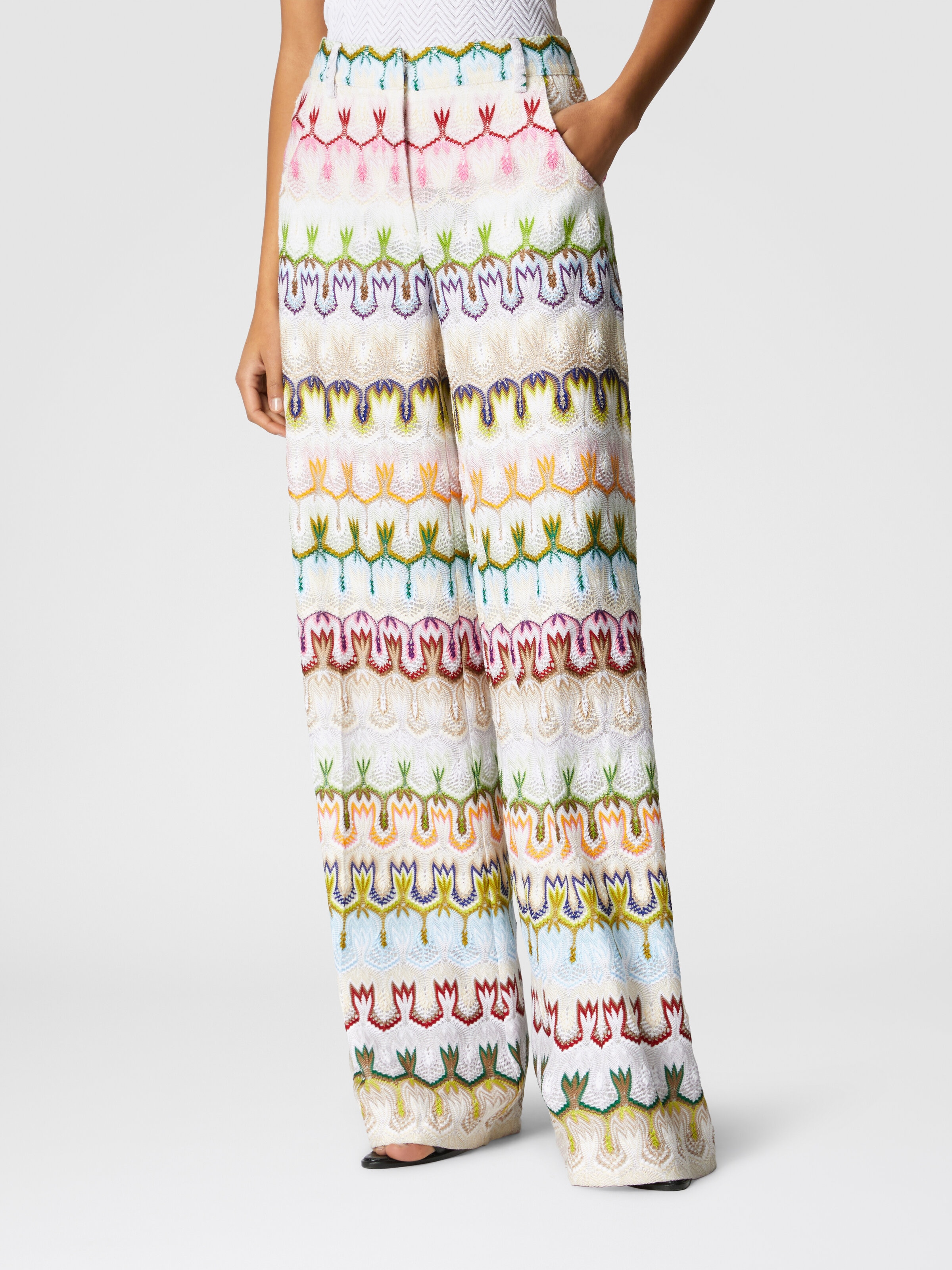 High-waisted long pants with abstract floral pattern, Multicoloured  - 3