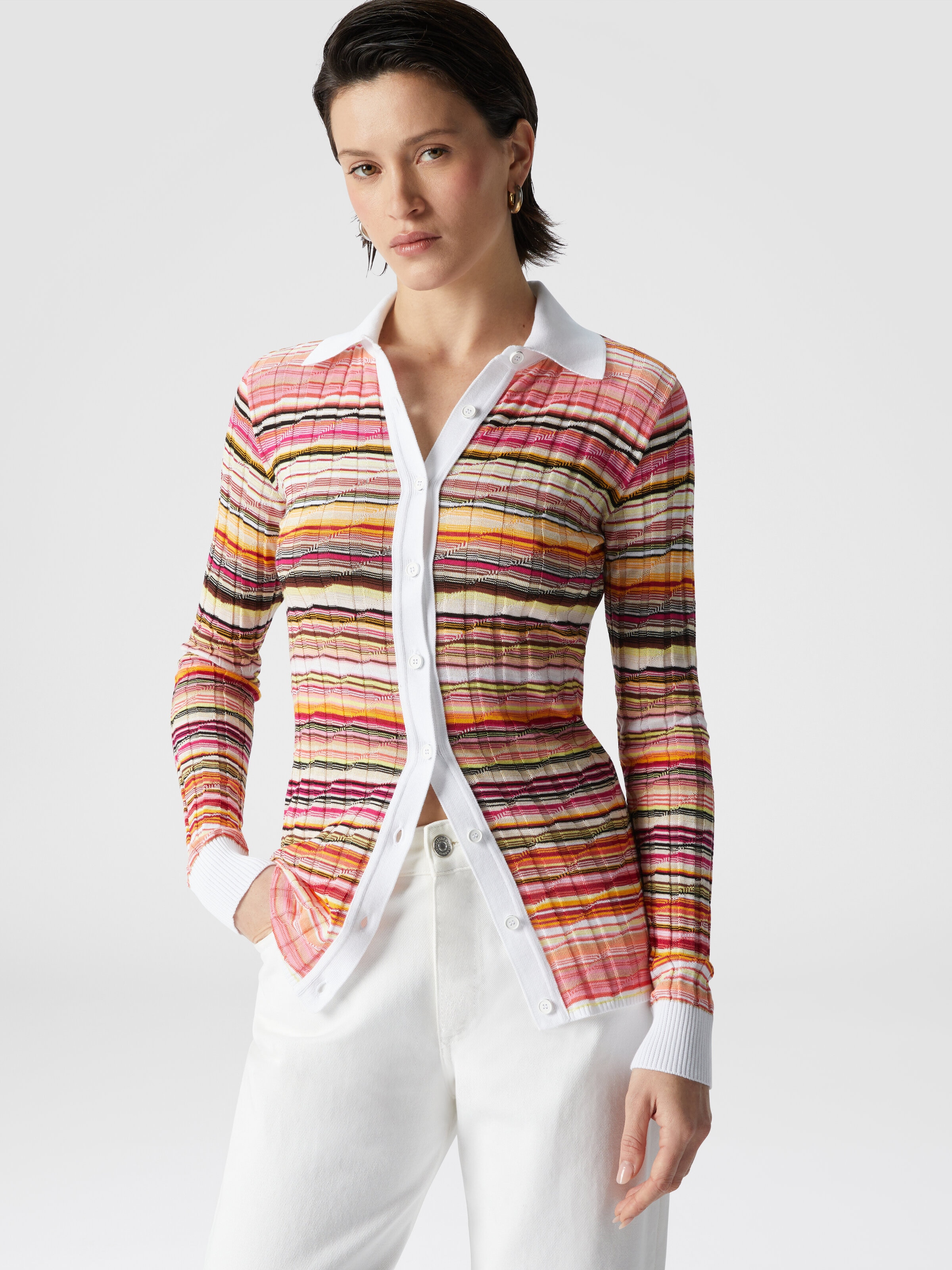 Gestreiftes Ripphemd aus Baumwolle und Viskose mit kontrastierendem Besatz, Rosa   - 3