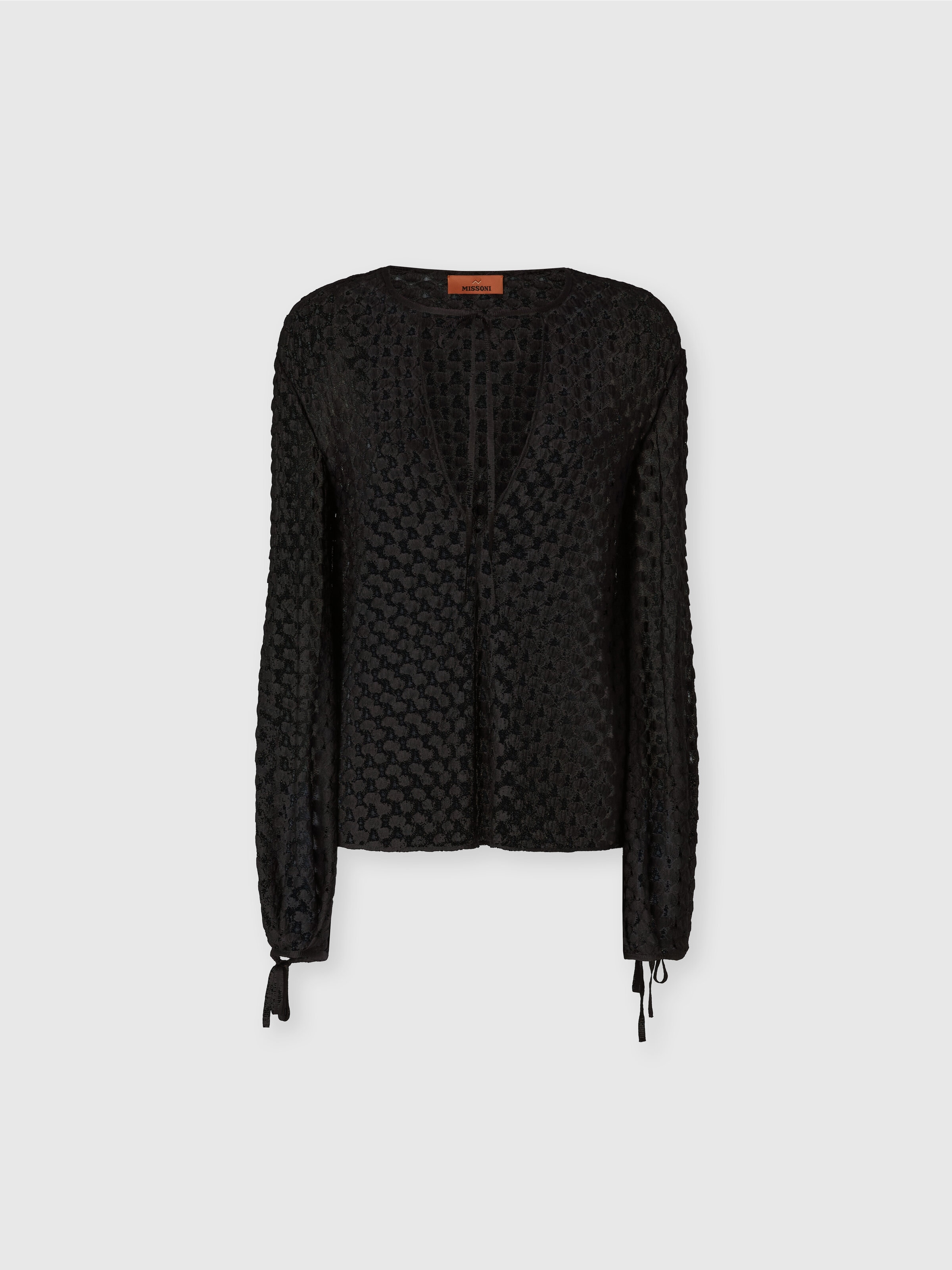 Blusa con escote en V y manga larga de encaje, Negro - 0