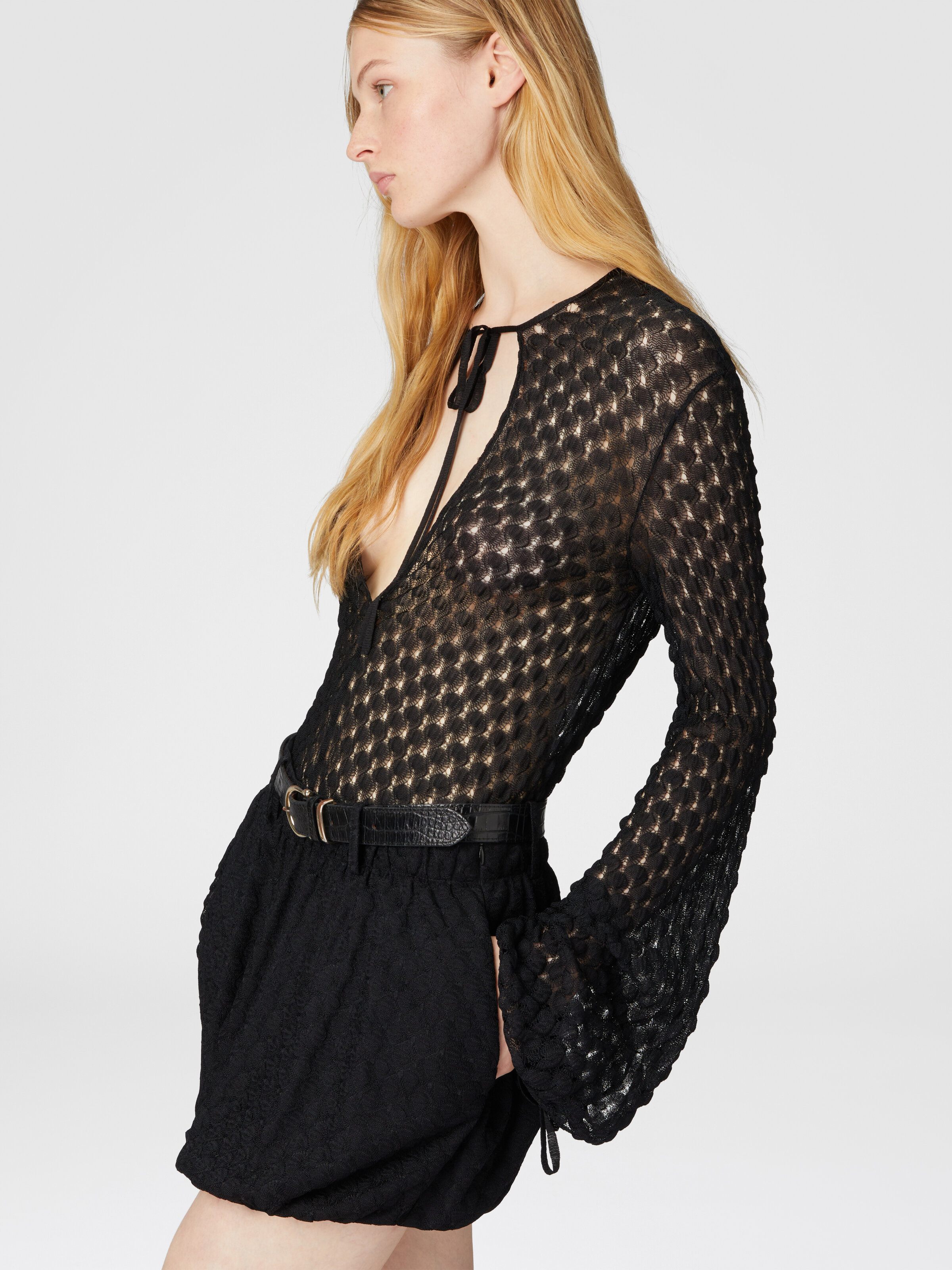 Blusa con escote en V y manga larga de encaje, Negro - 3