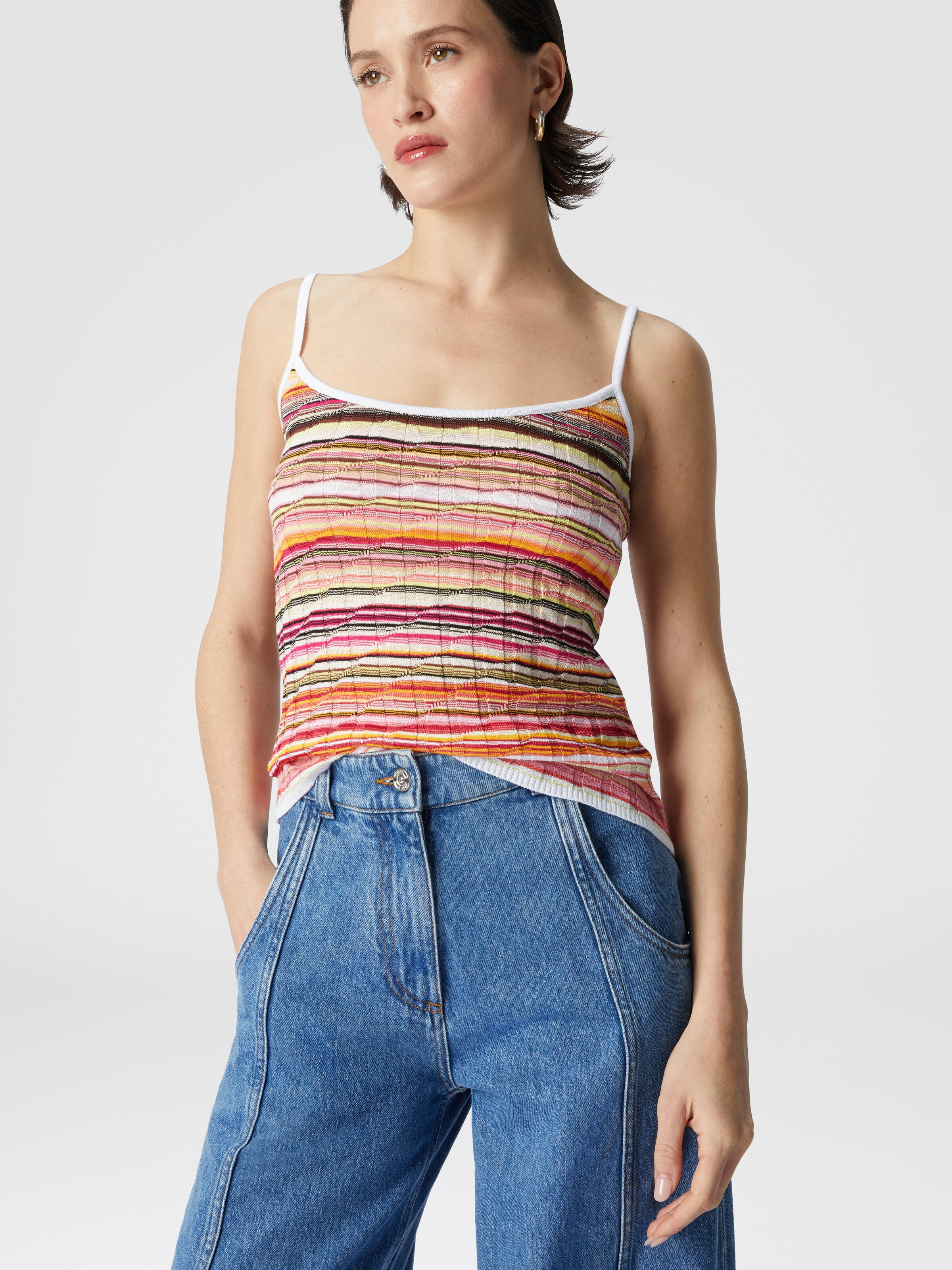 Striped cotton and viscose ribbed tank top with contrasting trim, Pink   - 3