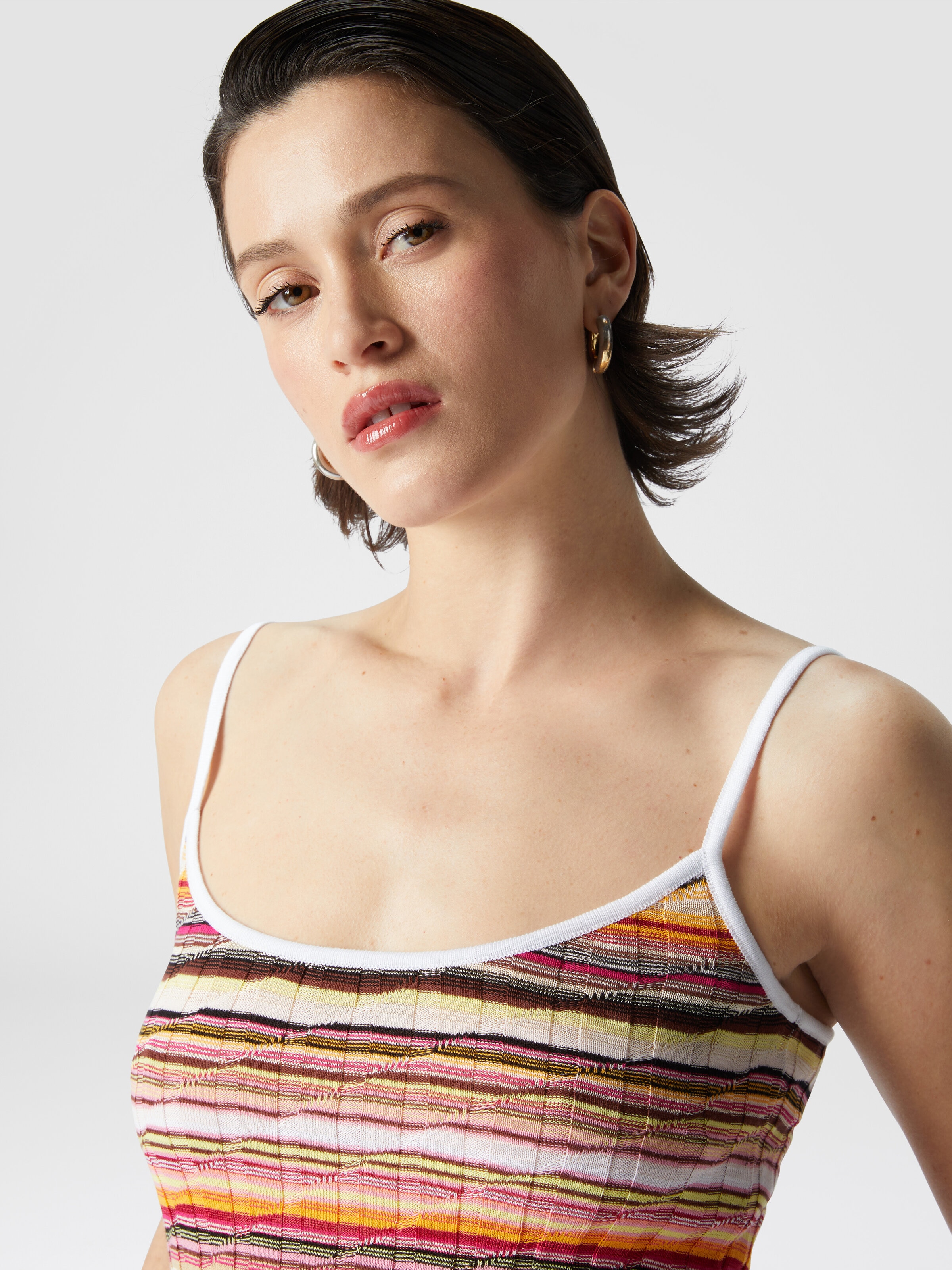 Striped cotton and viscose ribbed tank top with contrasting trim, Pink   - 4