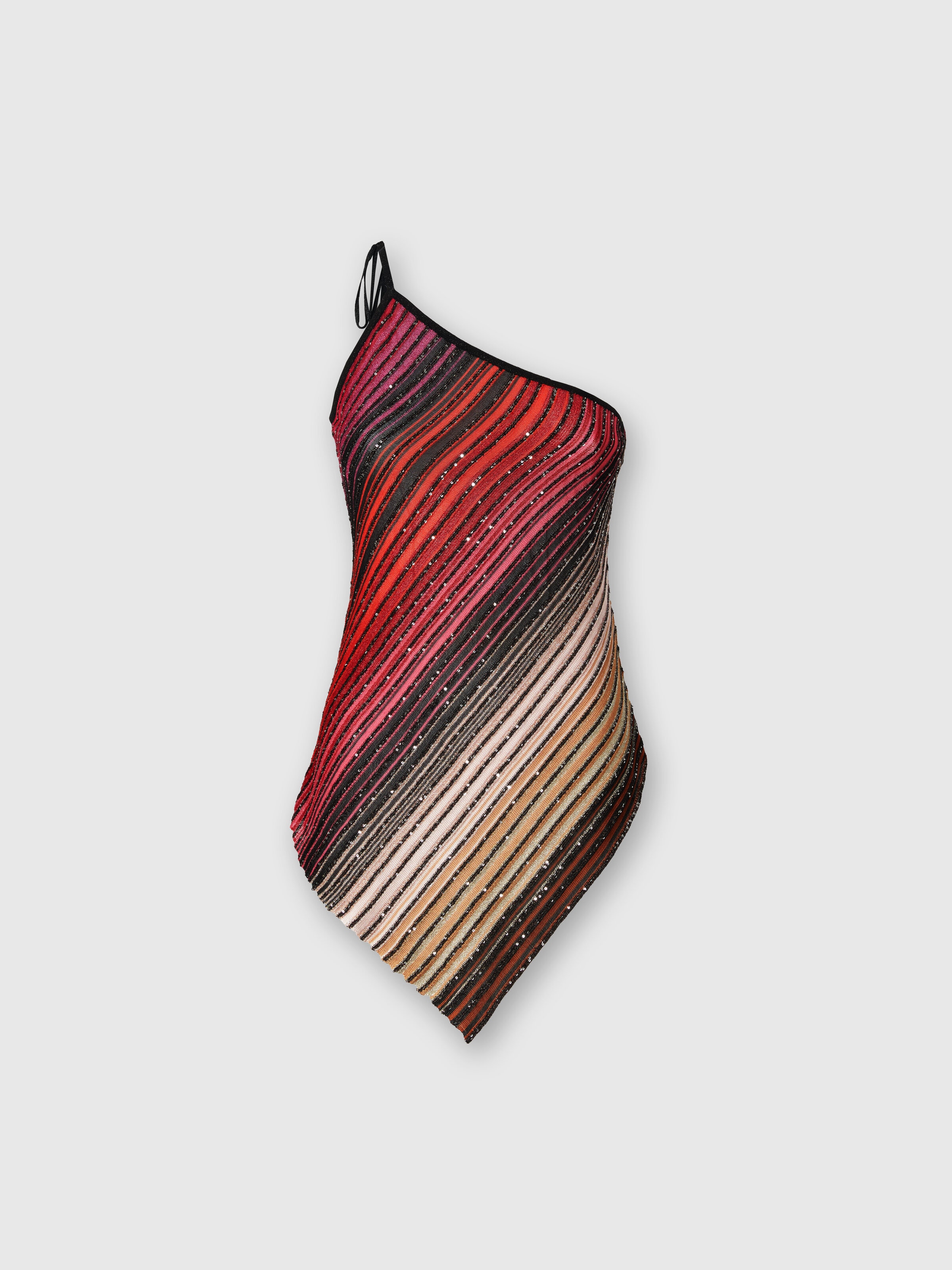 Asymmetrisches, einseitig gestreiftes One-Shoulder-Top mit Pailletten, Schwarz & Rot - 0