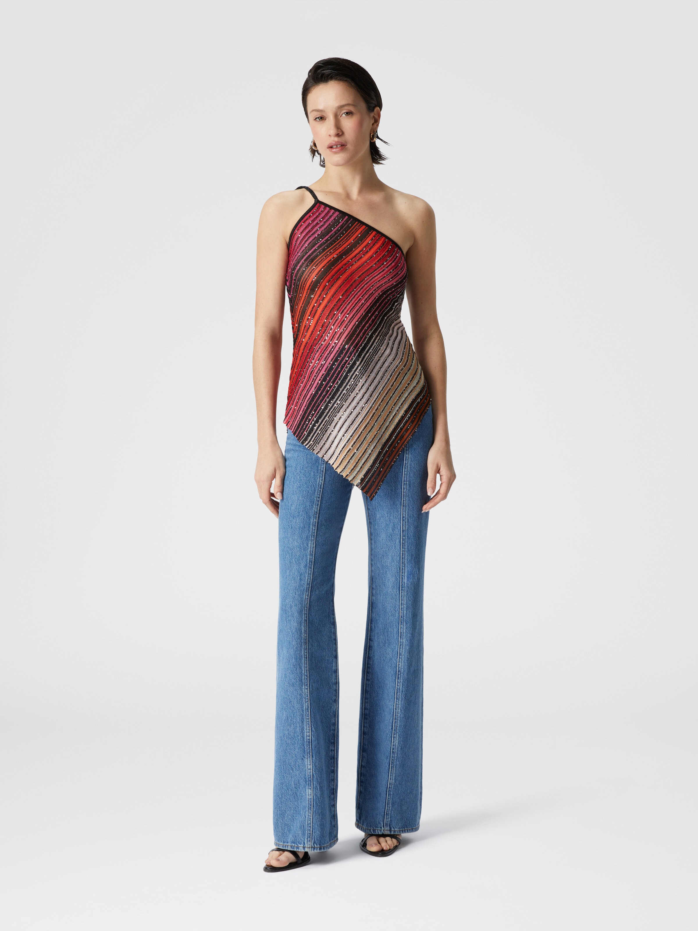 Asymmetrisches, einseitig gestreiftes One-Shoulder-Top mit Pailletten, Schwarz & Rot - 1