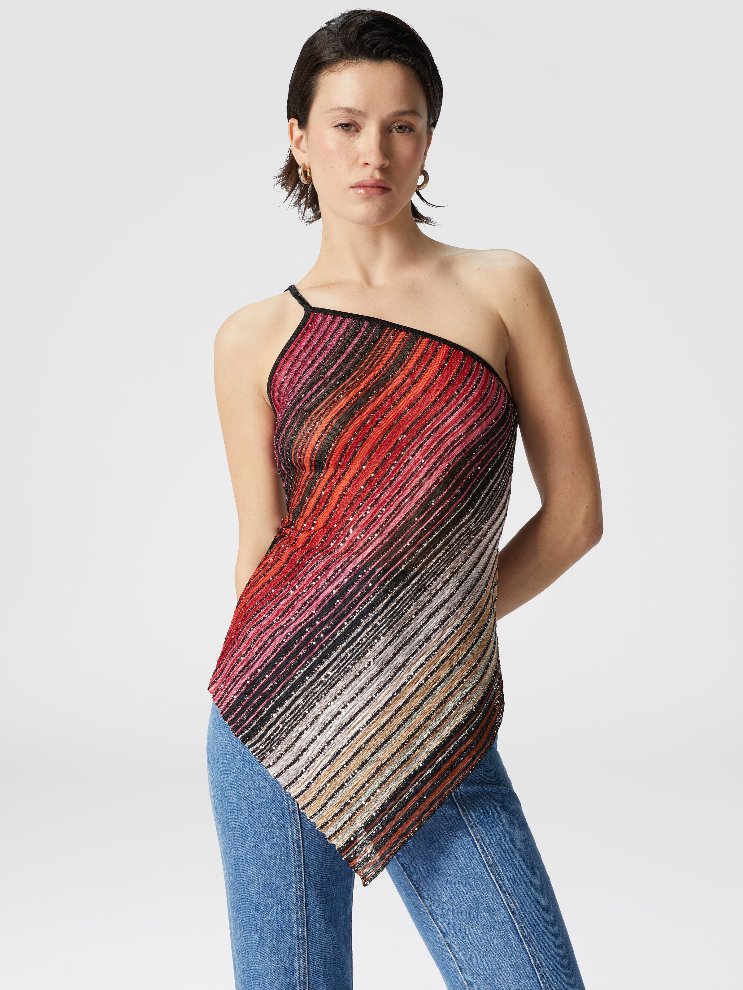 Asymmetrisches, einseitig gestreiftes One-Shoulder-Top mit Pailletten, Schwarz & Rot - 3