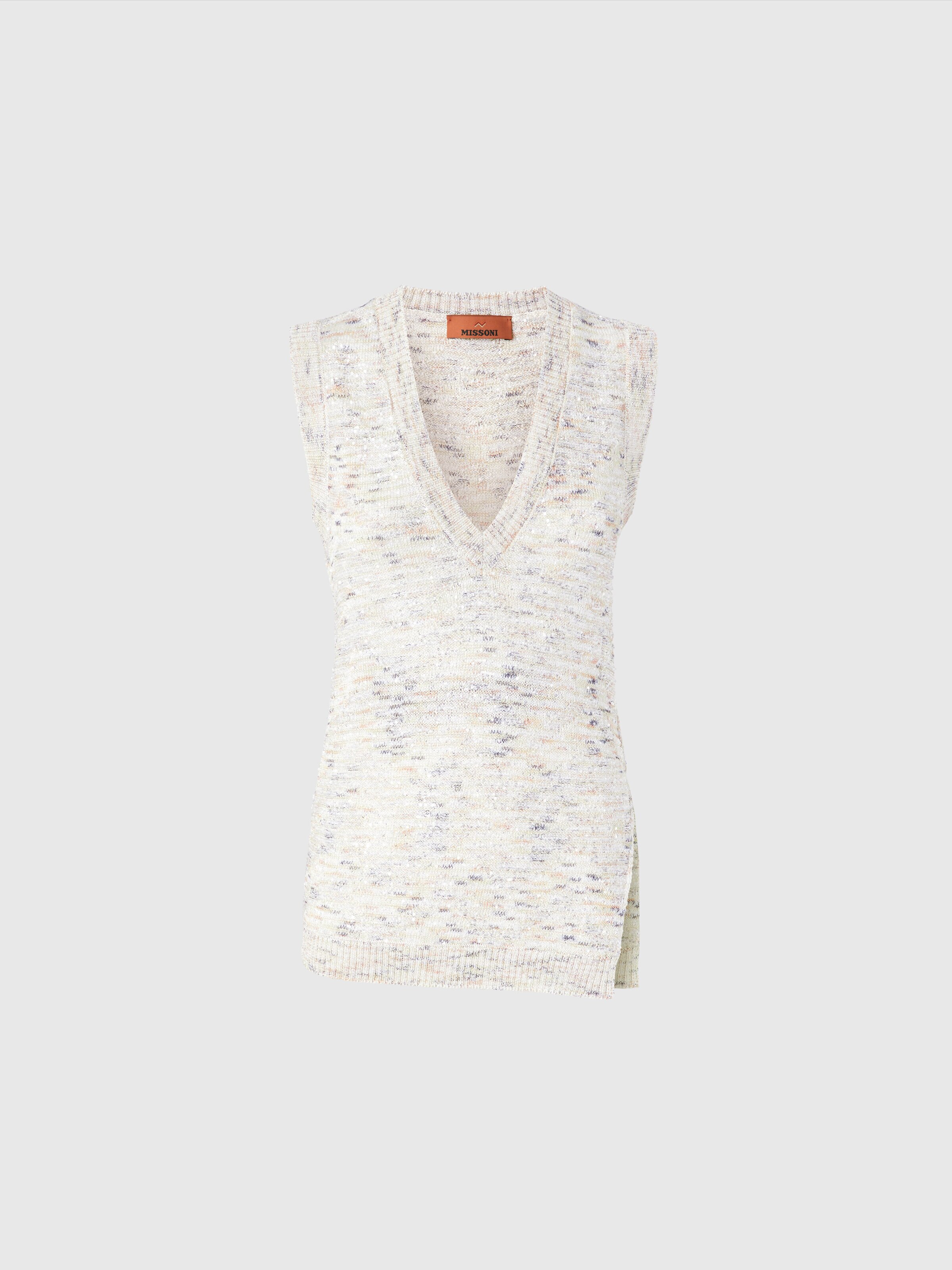 Sleeveless top in slub knit with sequins and V-neck, White & Beige - 0