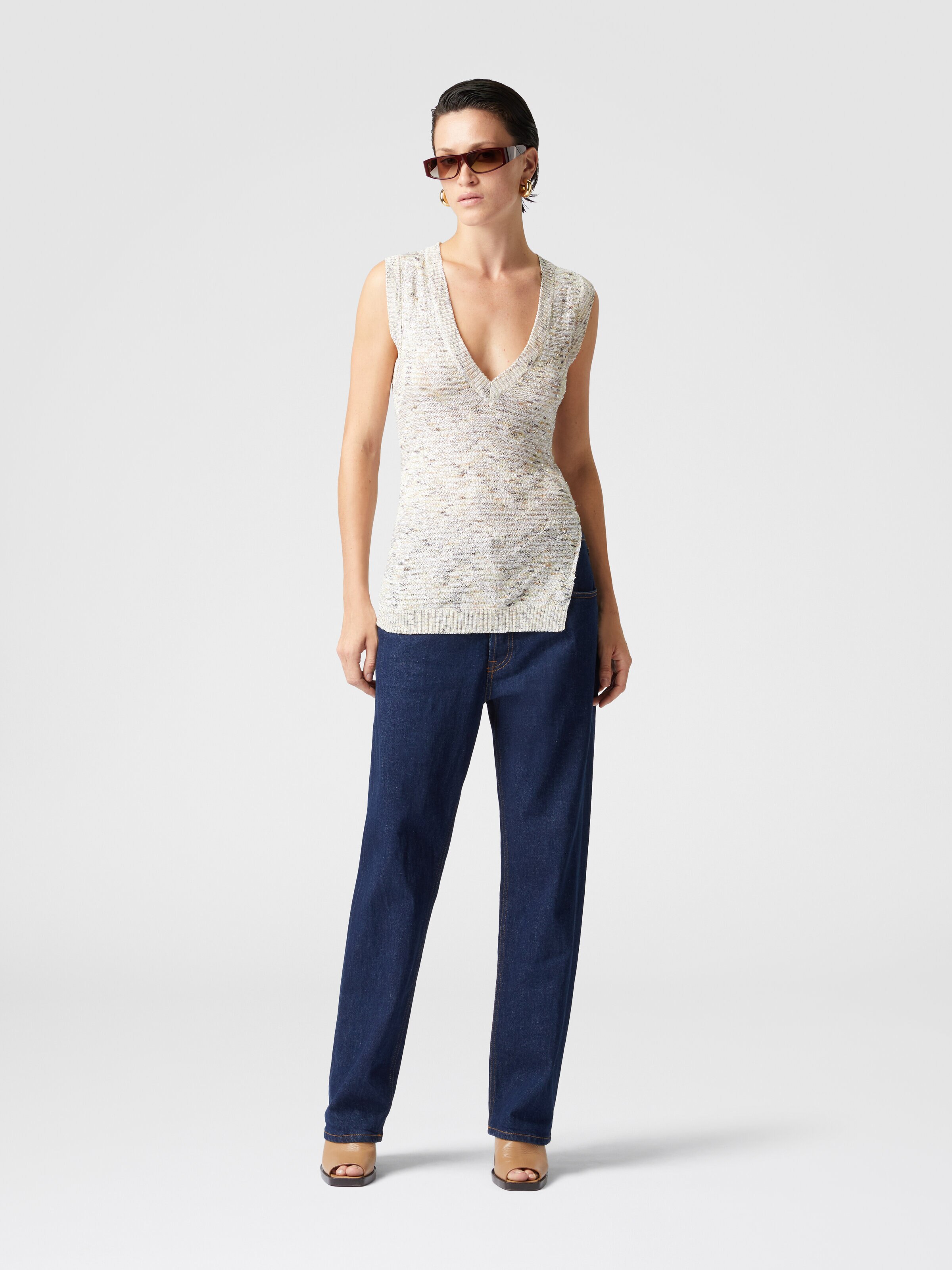 Sleeveless top in slub knit with sequins and V-neck, White & Beige - 1