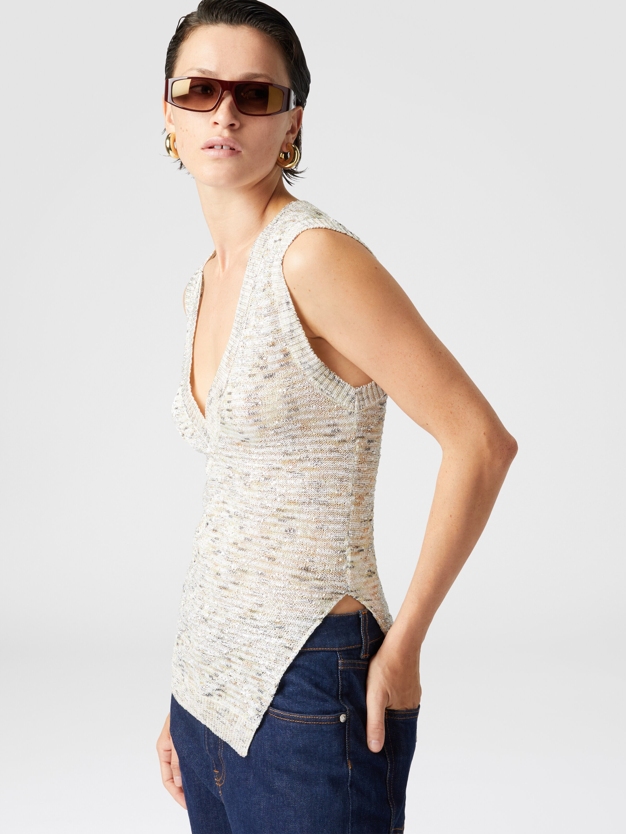 Sleeveless top in slub knit with sequins and V-neck, White & Beige - 3