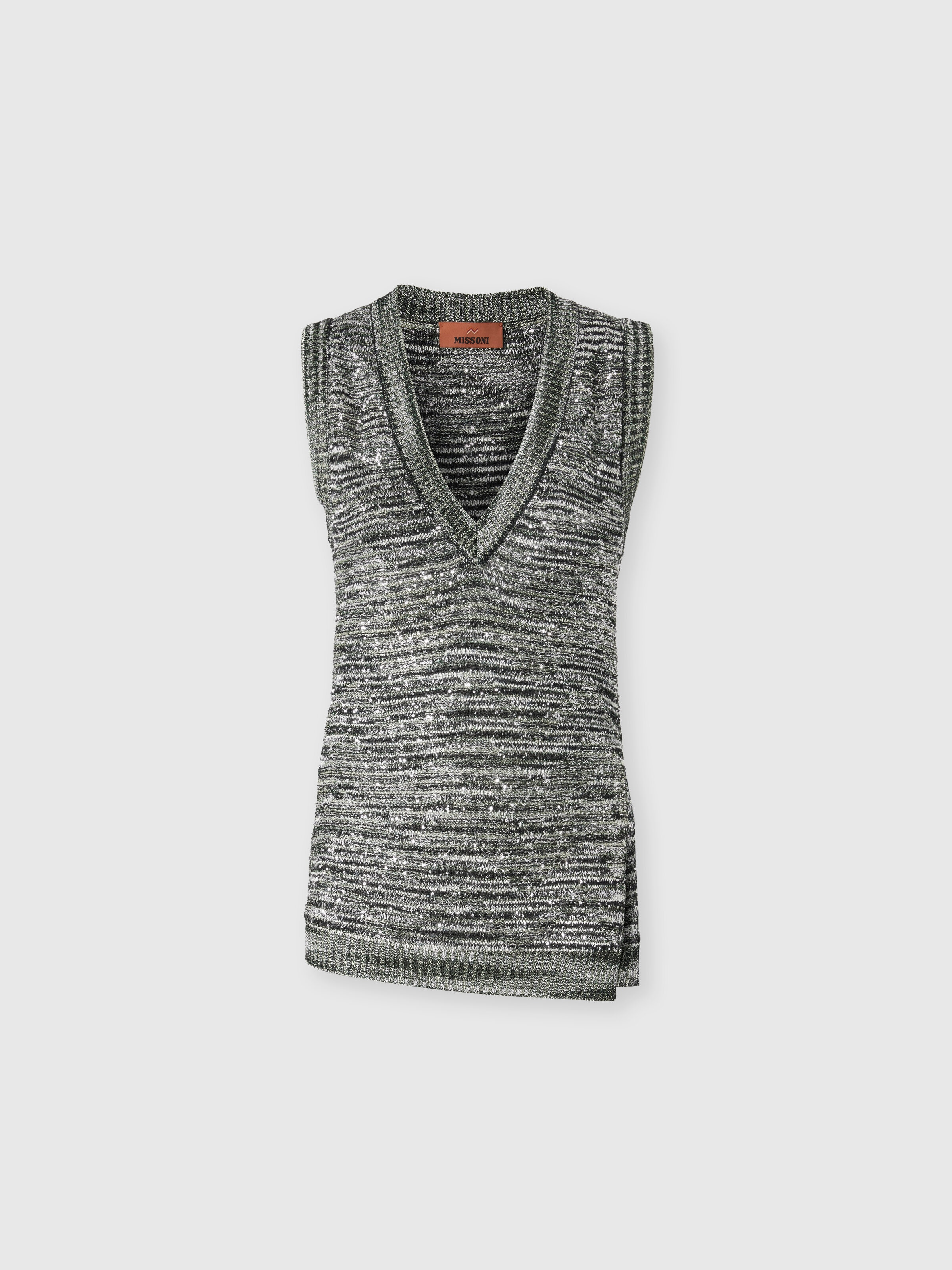 Sleeveless top in slub knit with sequins and V-neck, Green  & Black - 0
