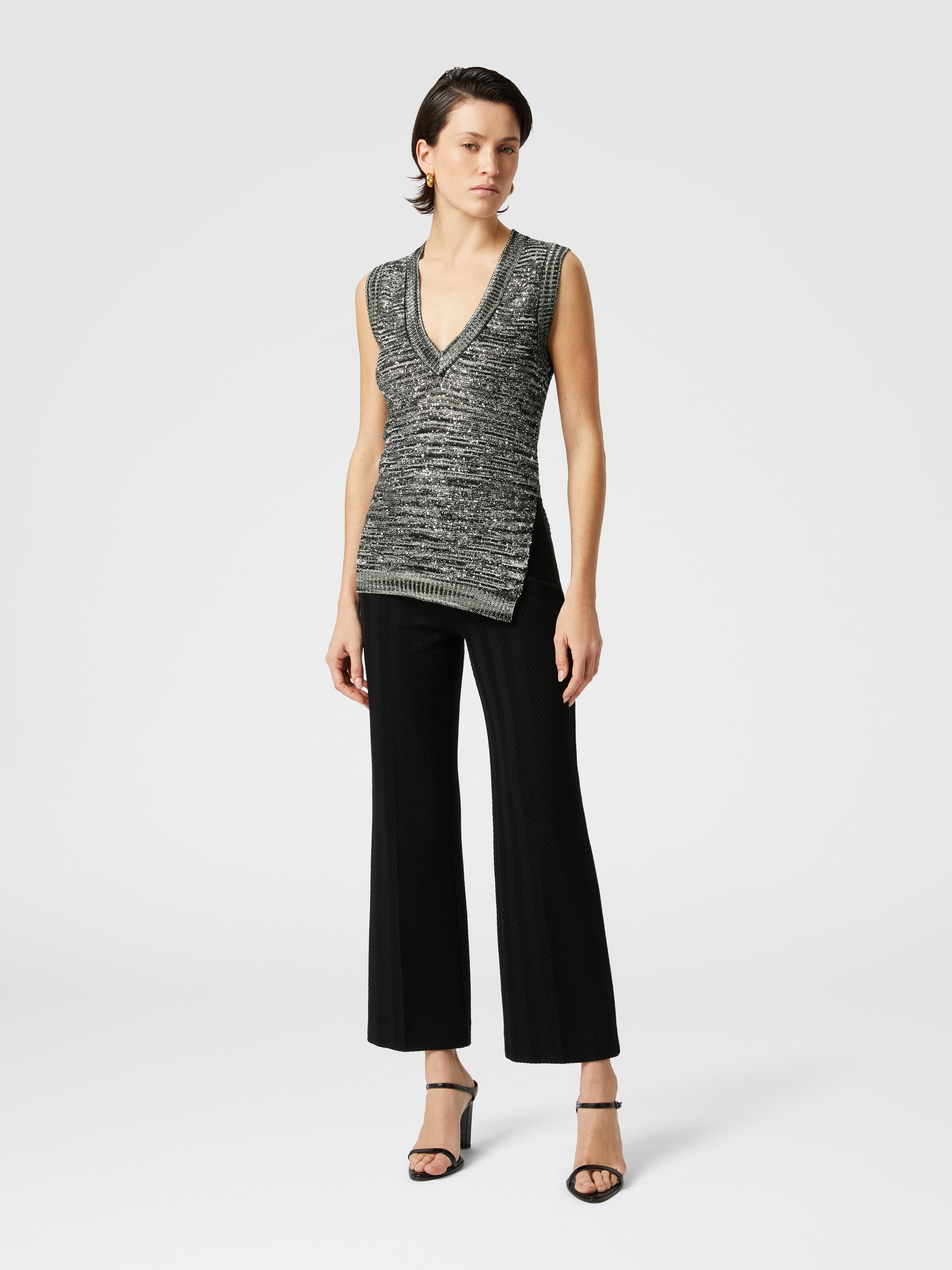 Sleeveless top in slub knit with sequins and V-neck, Green  & Black - 1