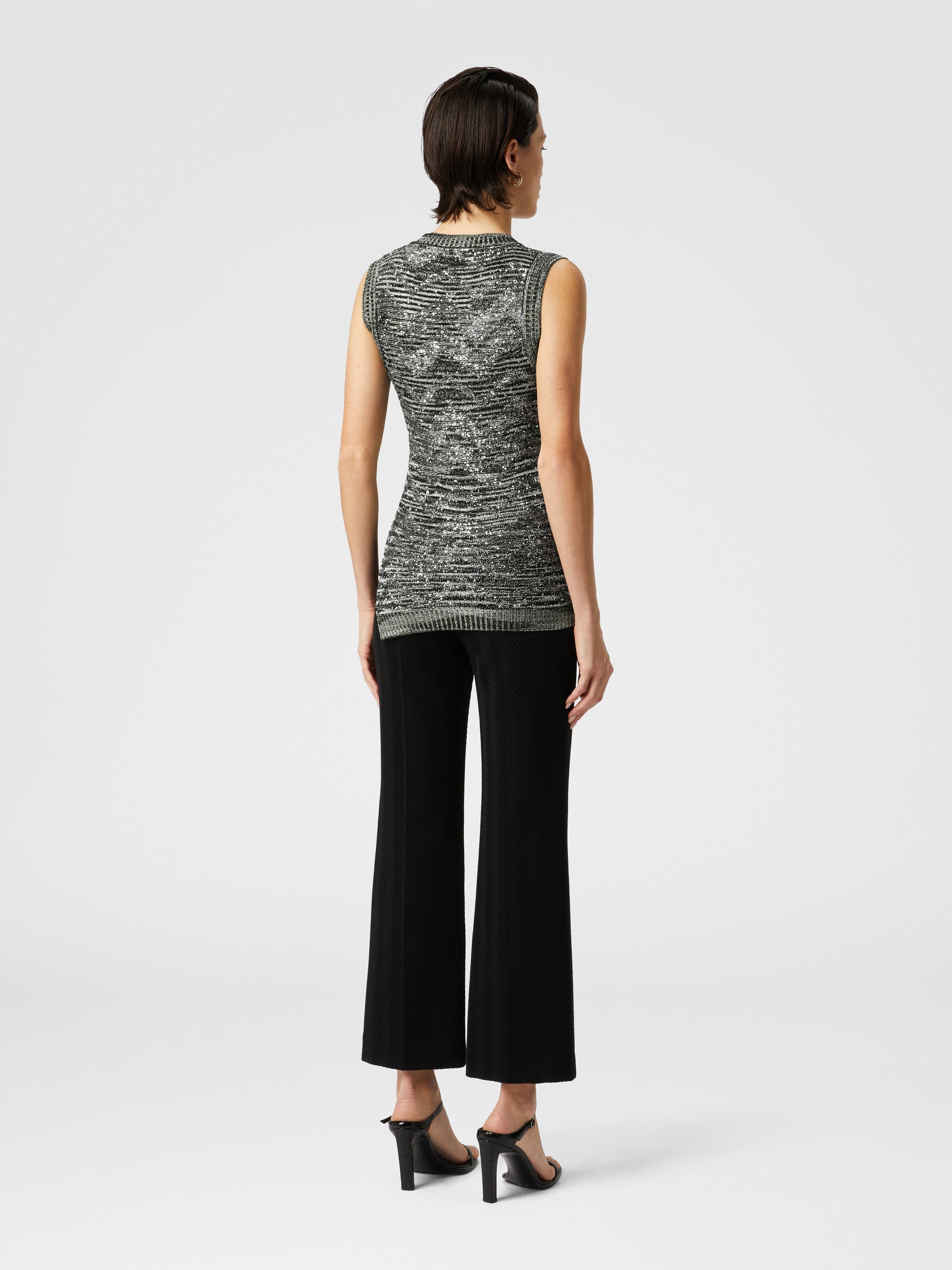 Sleeveless top in slub knit with sequins and V-neck, Green  & Black - 2