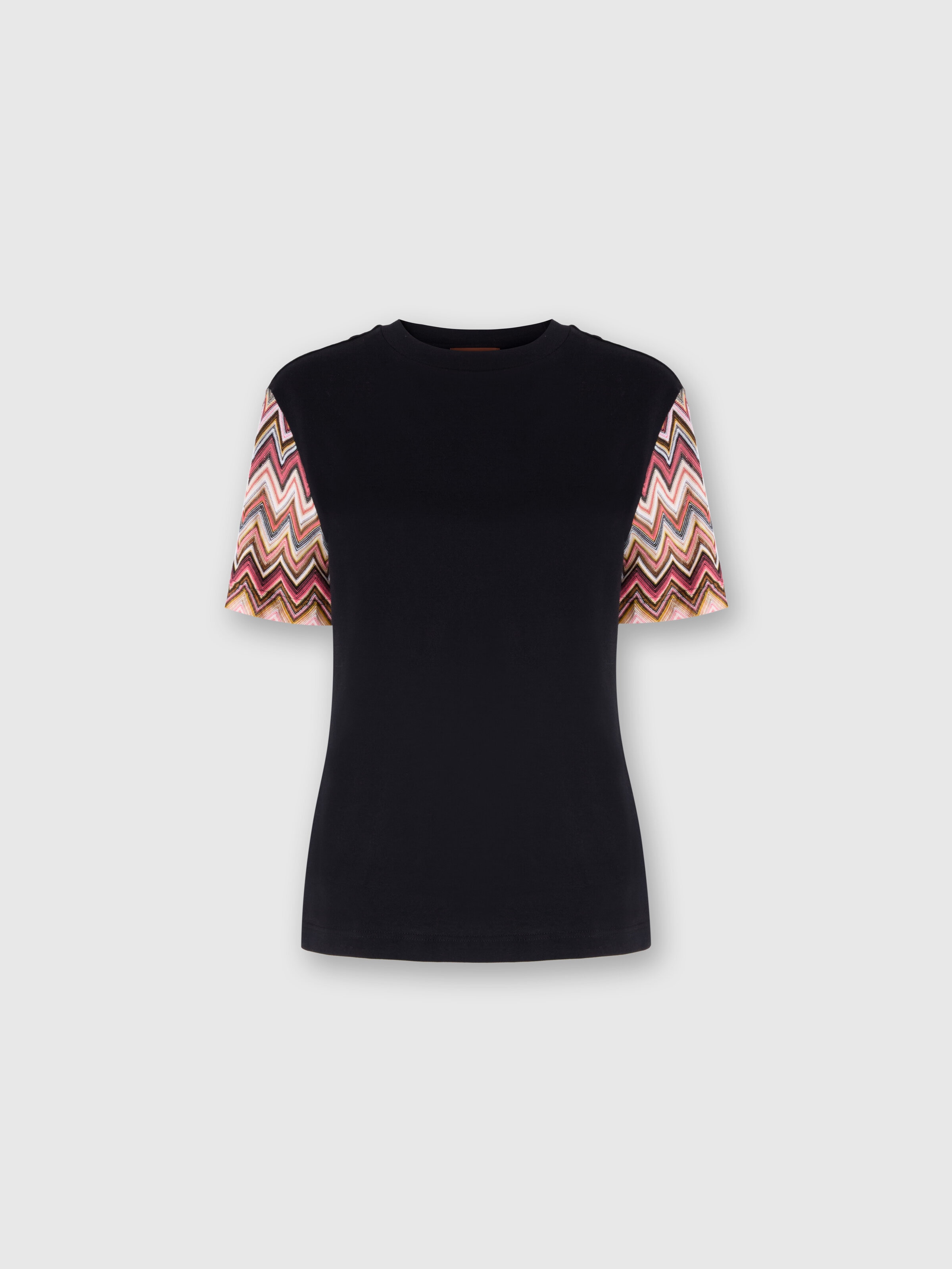 Crewneck T-shirt with zig zag knit sleeves, Multicoloured  - 0