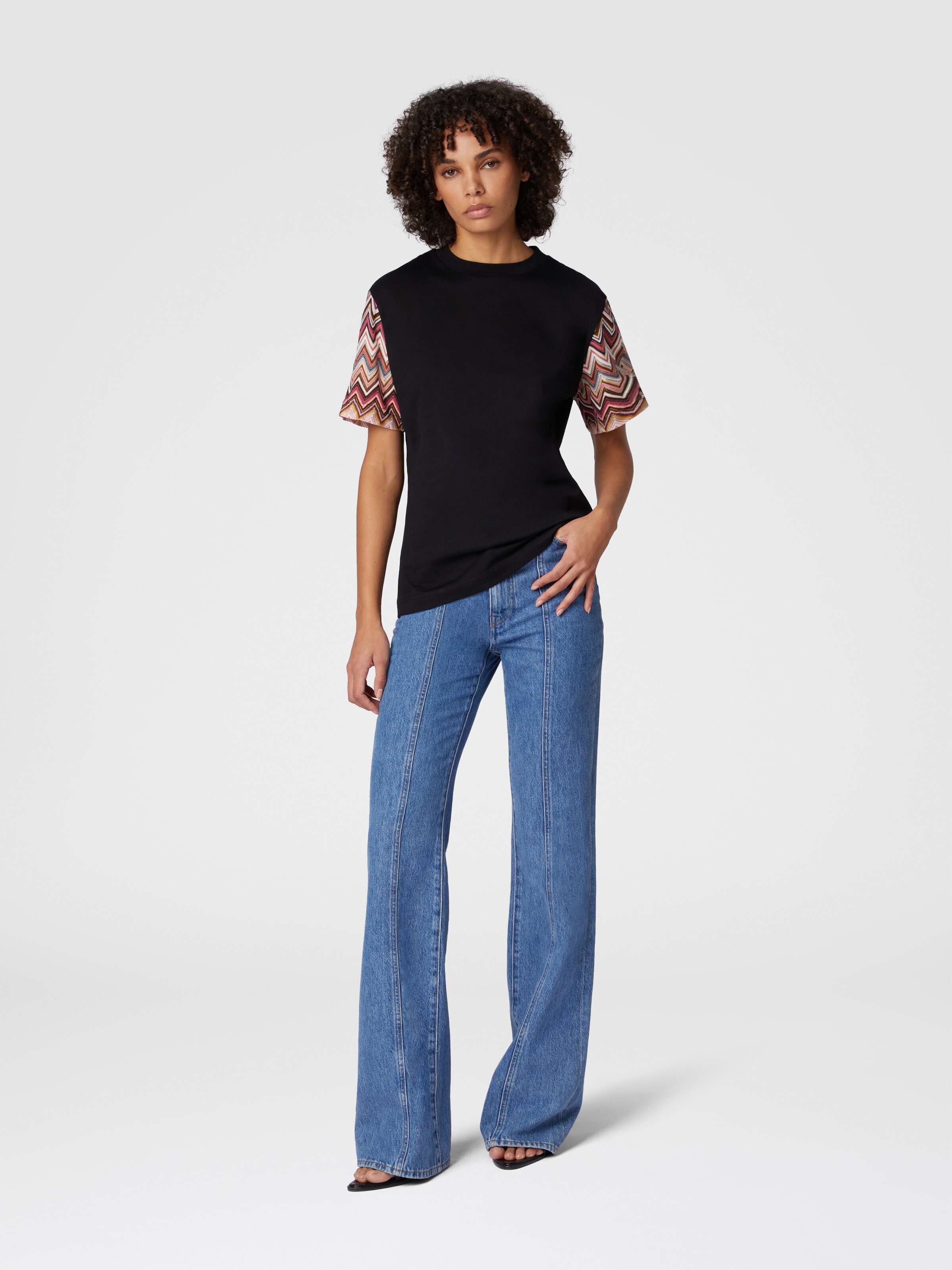 Crewneck T-shirt with zig zag knit sleeves, Multicoloured  - 1