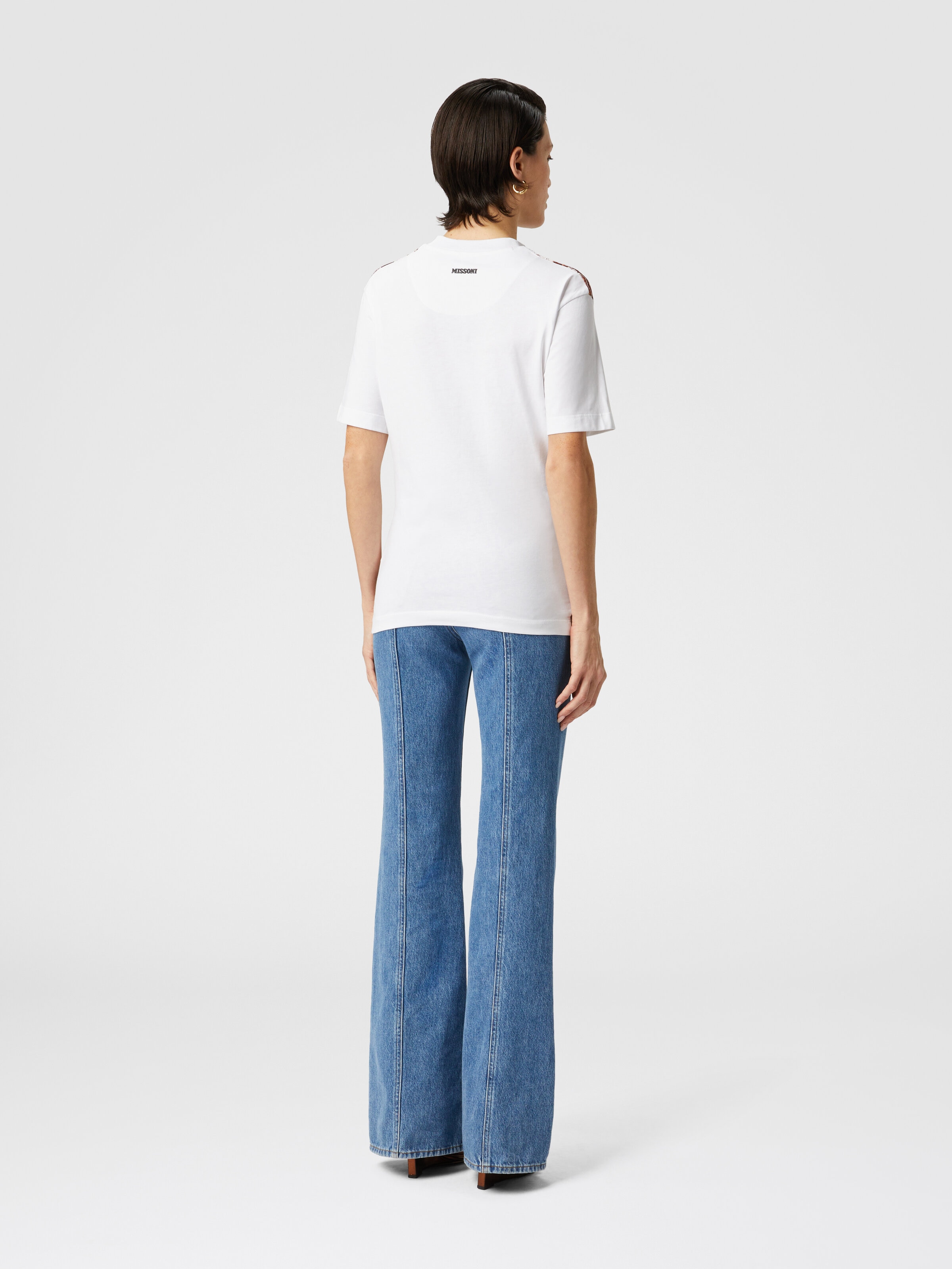 Crewneck T-shirt with lamé zig zag knit insert, White & Beige - 2