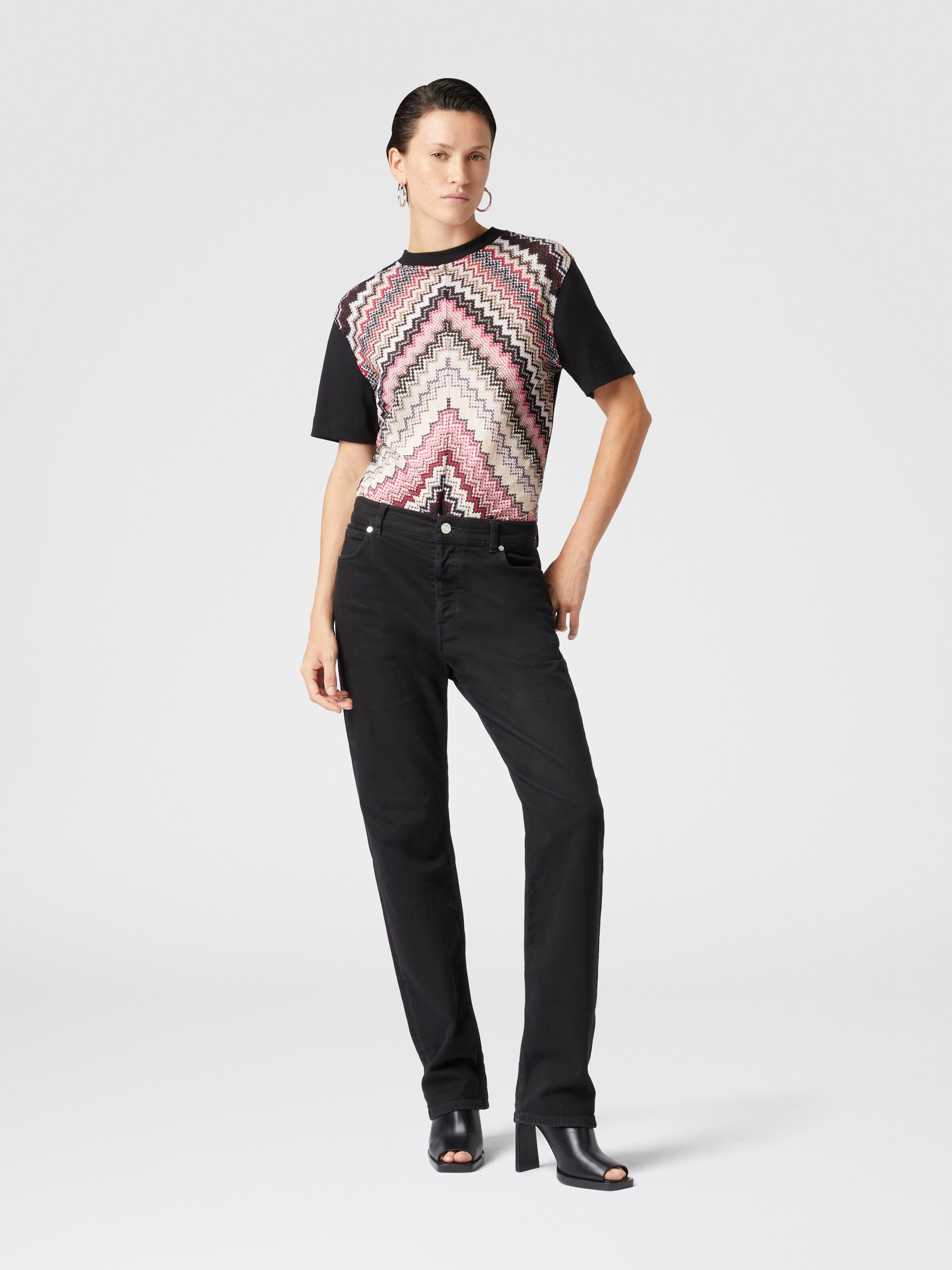 Crewneck T-shirt with lamé zig zag knit insert, Multicoloured  - 1