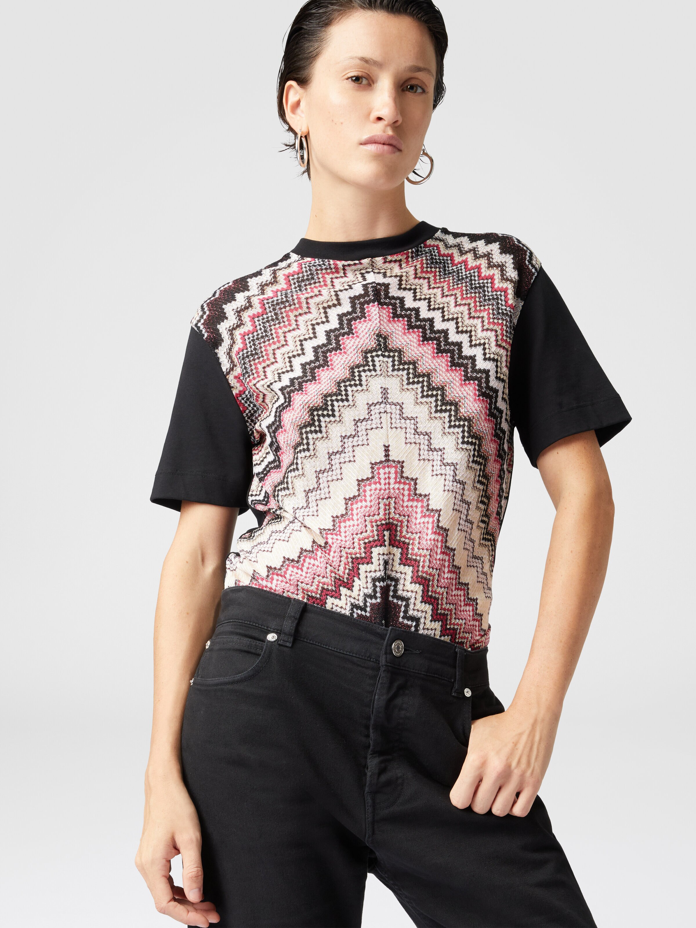 Crewneck T-shirt with lamé zig zag knit insert, Multicoloured  - 3