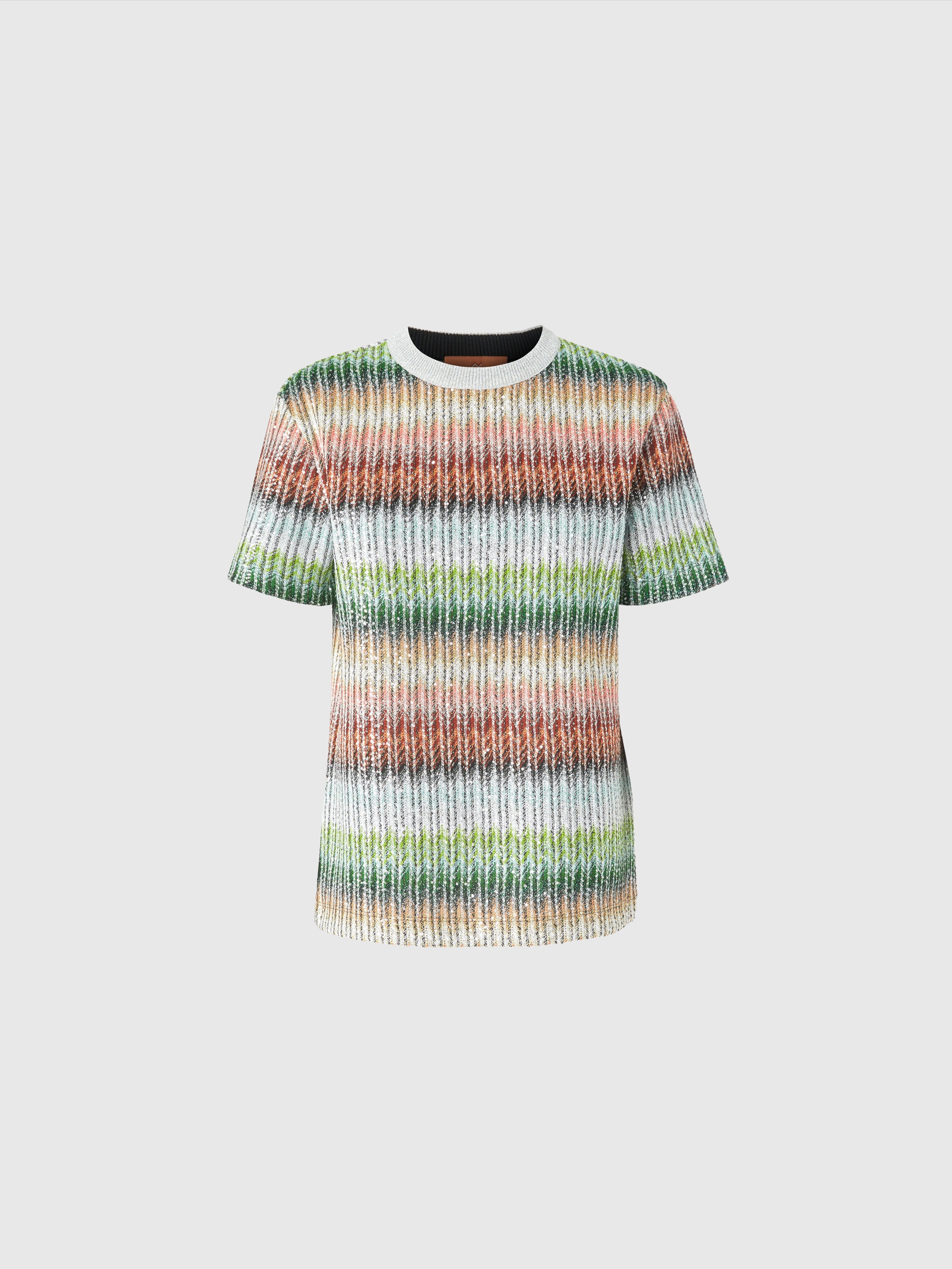 Crewneck T-shirt in gradient zigzag knit with sequins, Multicoloured  - 0