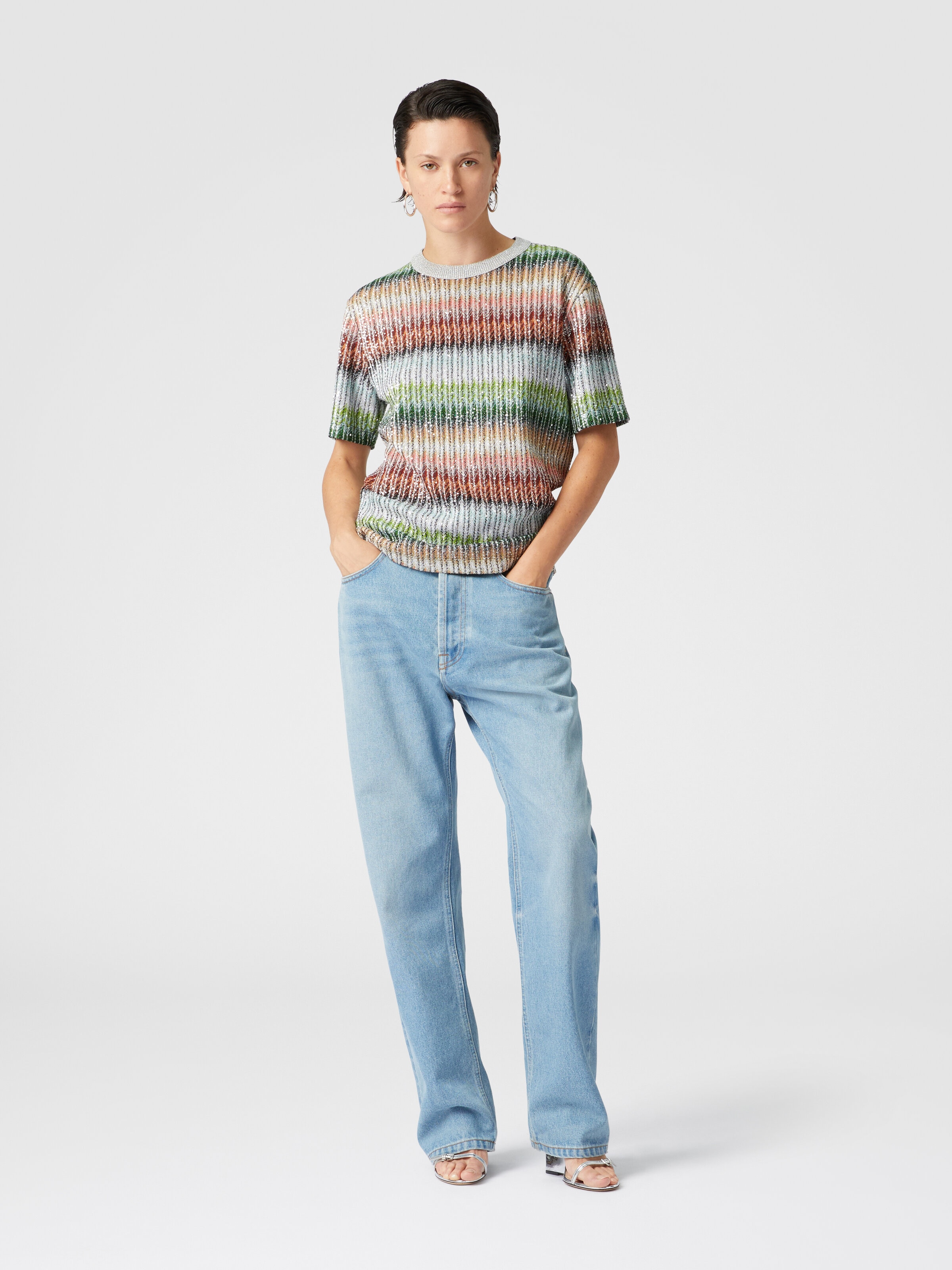 Crewneck T-shirt in gradient zigzag knit with sequins, Multicoloured  - 1