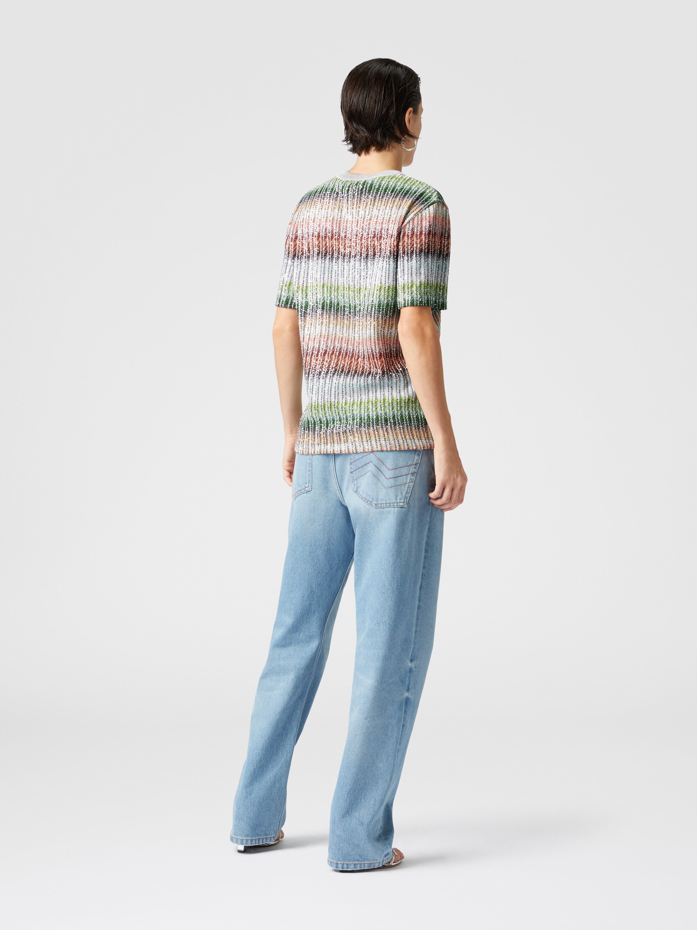 Crewneck T-shirt in gradient zigzag knit with sequins, Multicoloured  - 2