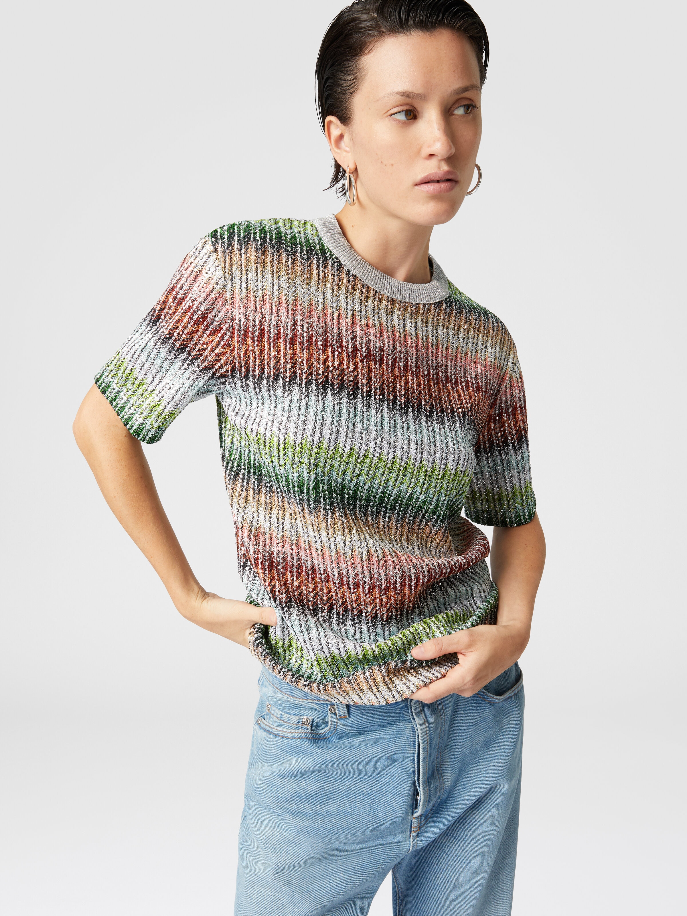 Crewneck T-shirt in gradient zigzag knit with sequins, Multicoloured  - 3