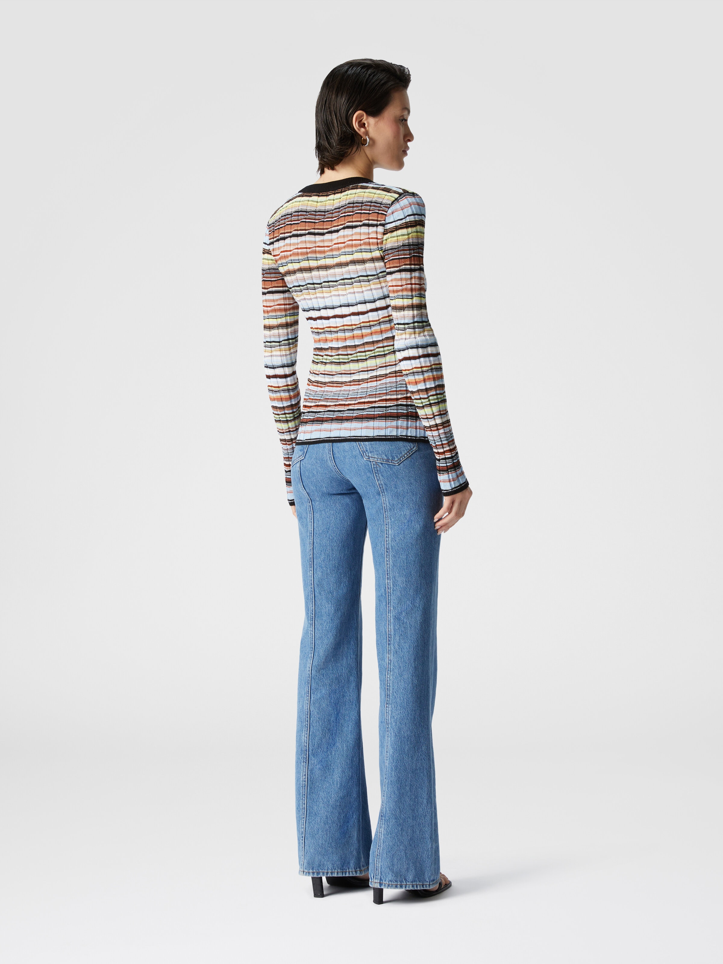 Cardigan a costine in cotone e viscosa a righe con profili a contrasto, Blu - 2
