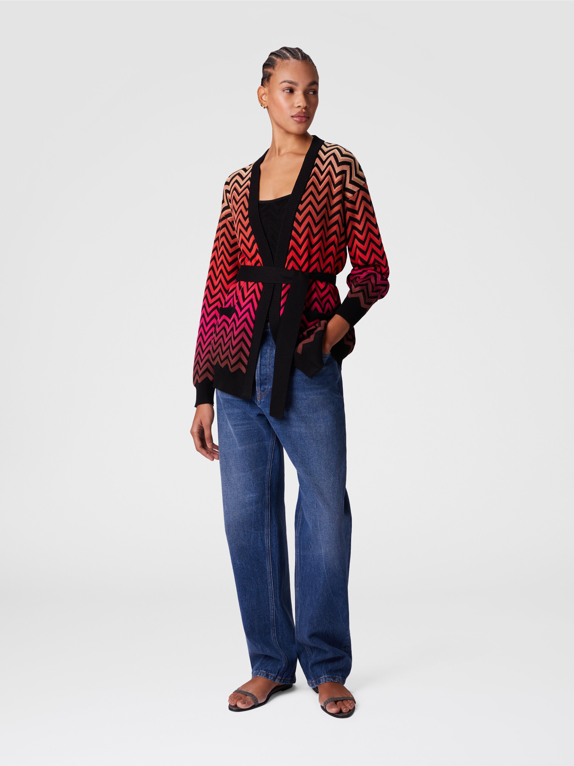 Dégradé chevron motif cardigan with belt, Multicoloured  - 1