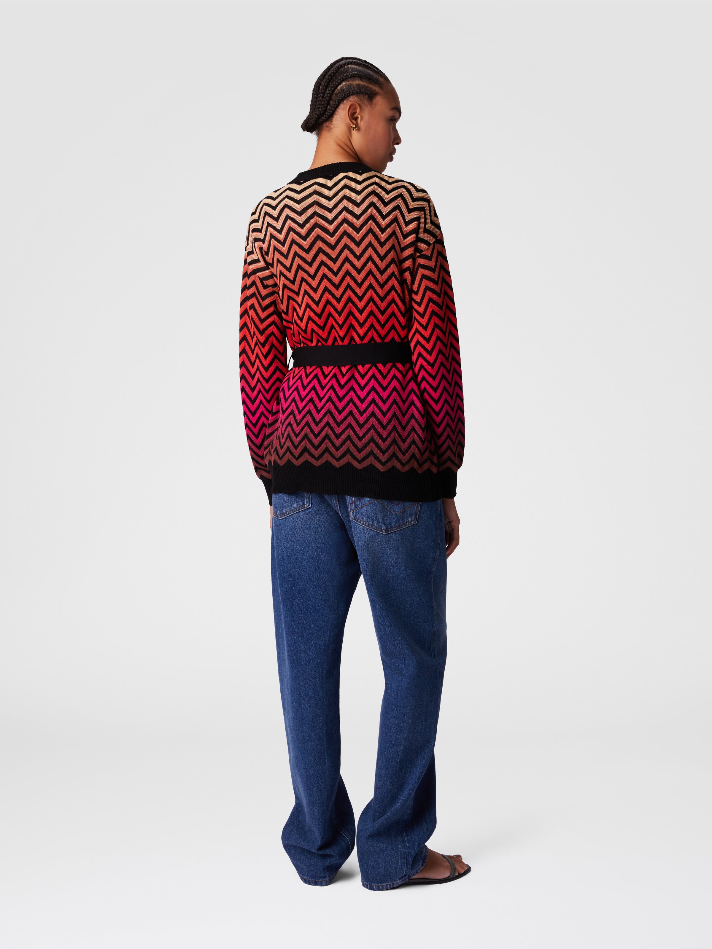 Dégradé chevron motif cardigan with belt, Multicoloured  - 2