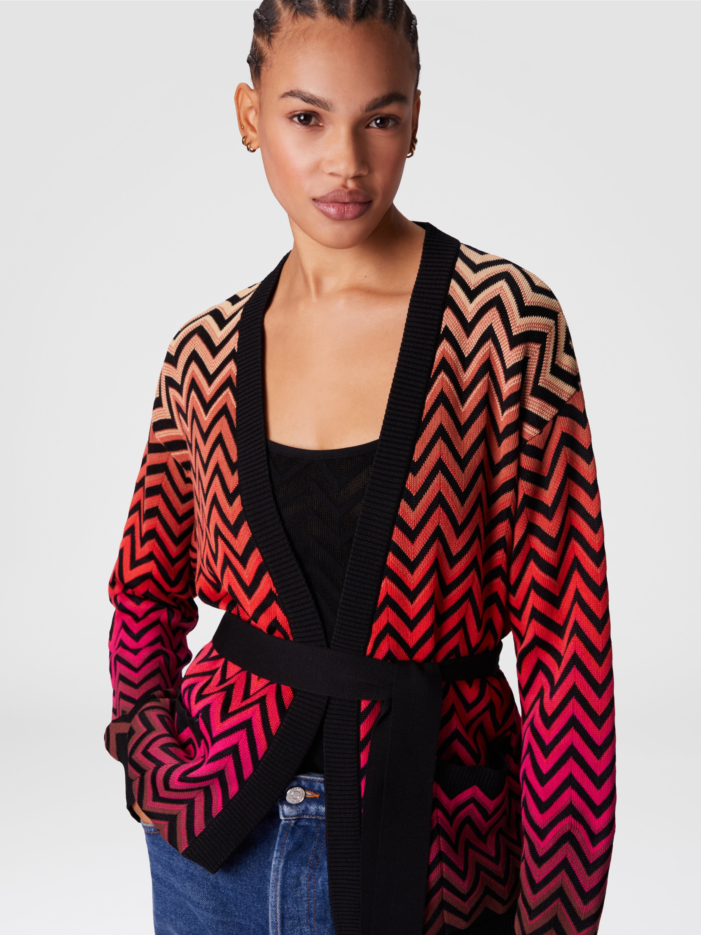 Dégradé chevron motif cardigan with belt, Multicoloured  - 3