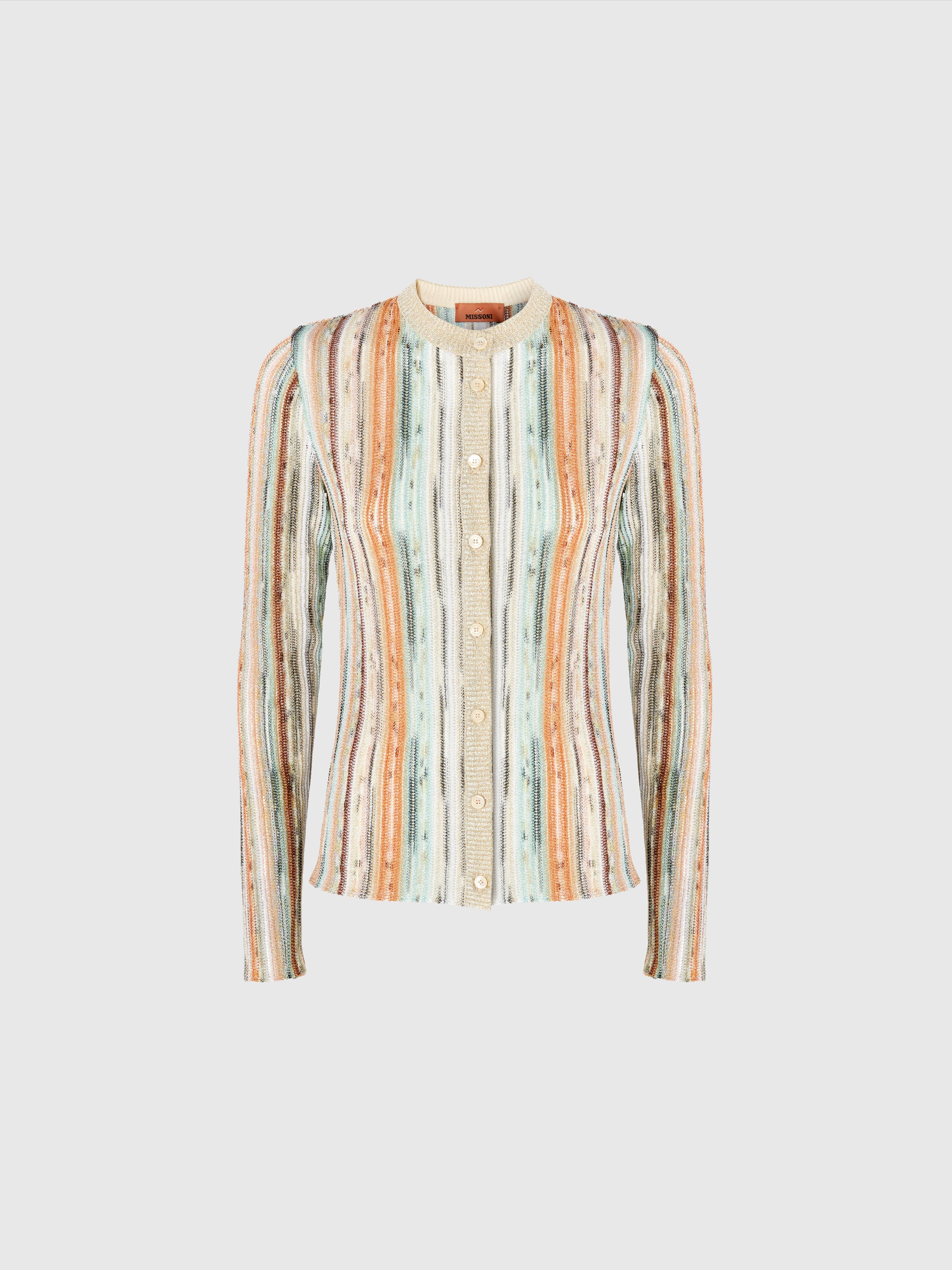 Striped lamé slub viscose crewneck cardigan, Multicoloured  - 0