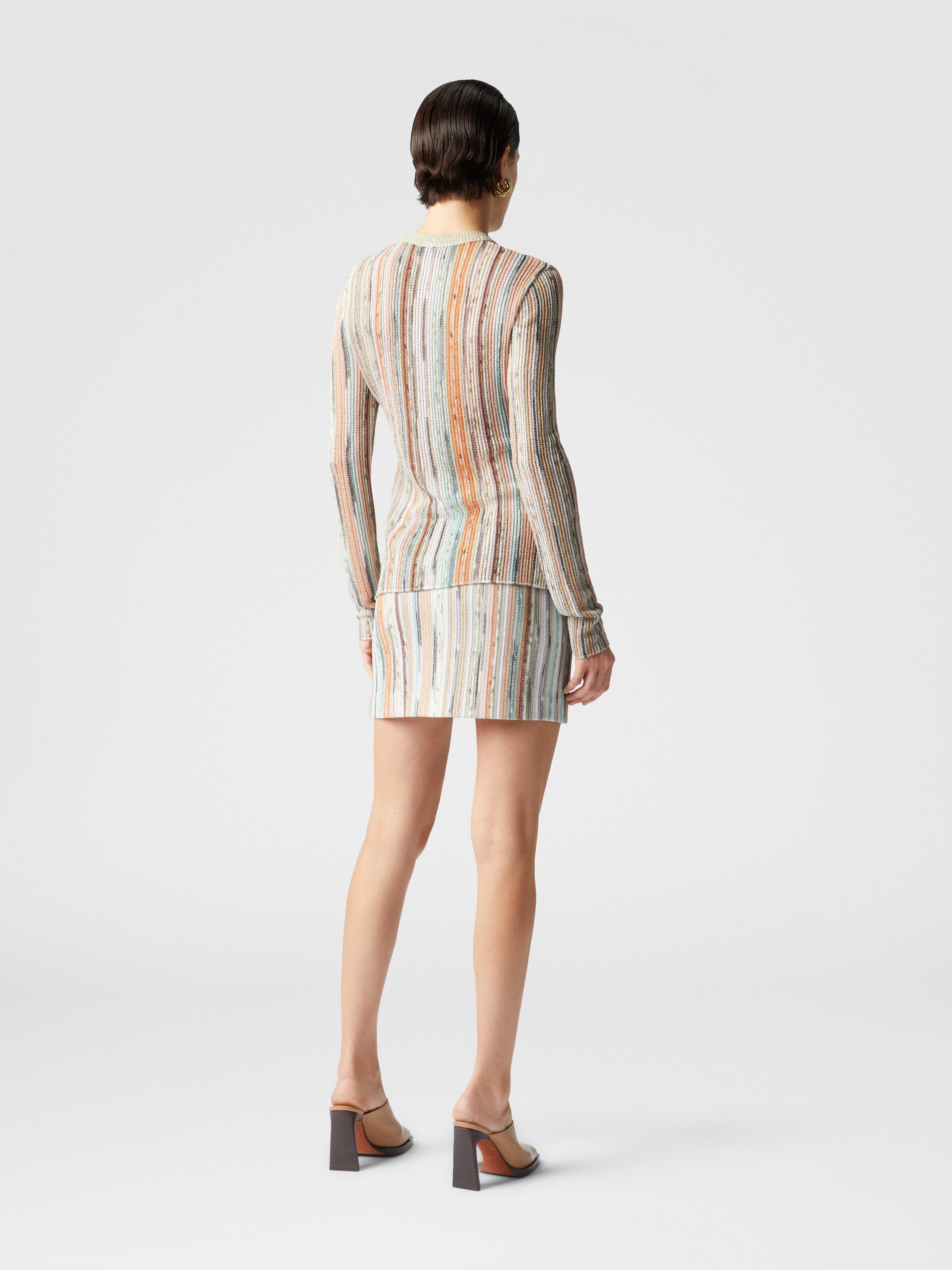 Striped lamé slub viscose crewneck cardigan, Multicoloured  - 2