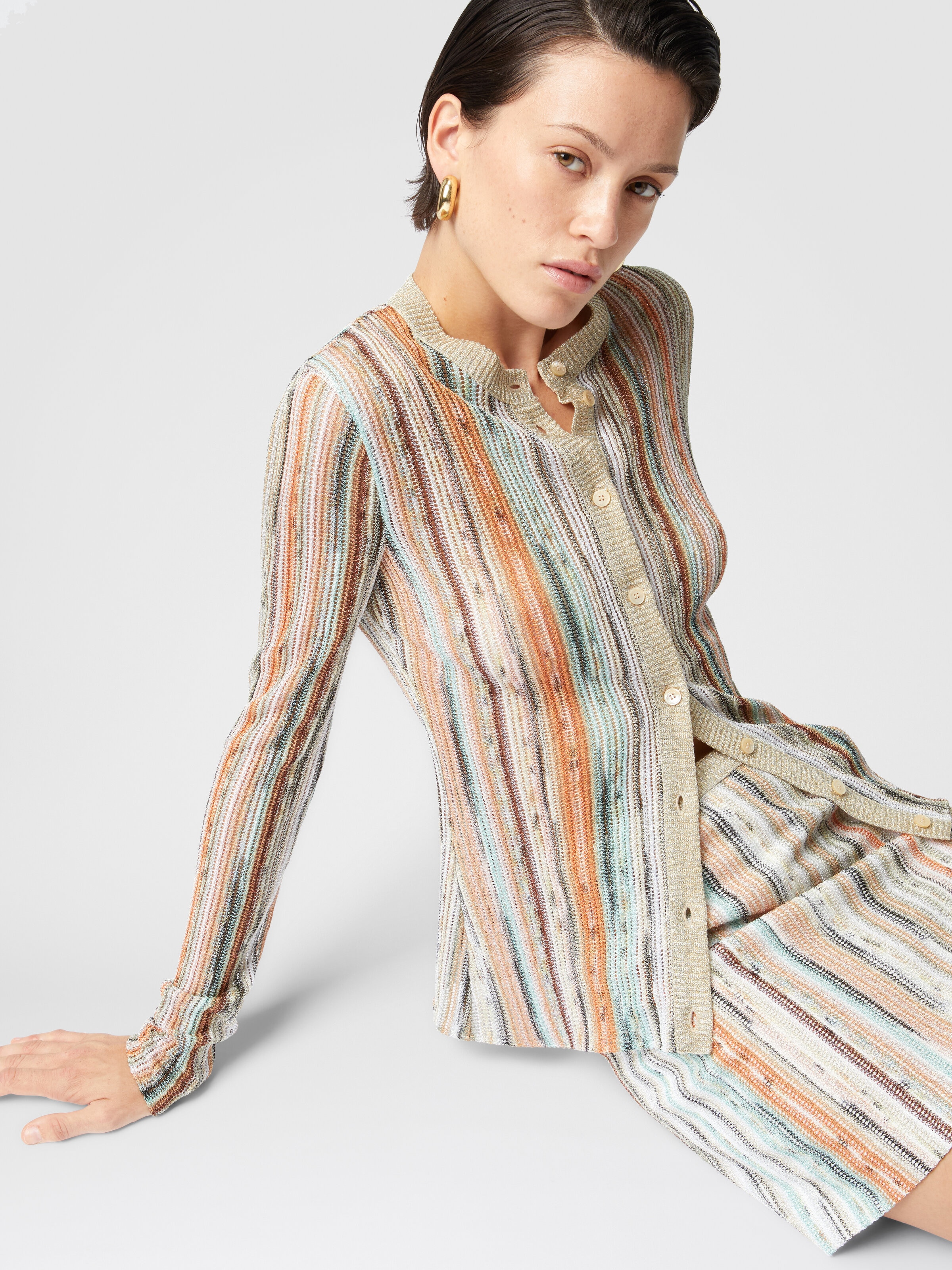 Striped lamé slub viscose crewneck cardigan, Multicoloured  - 3