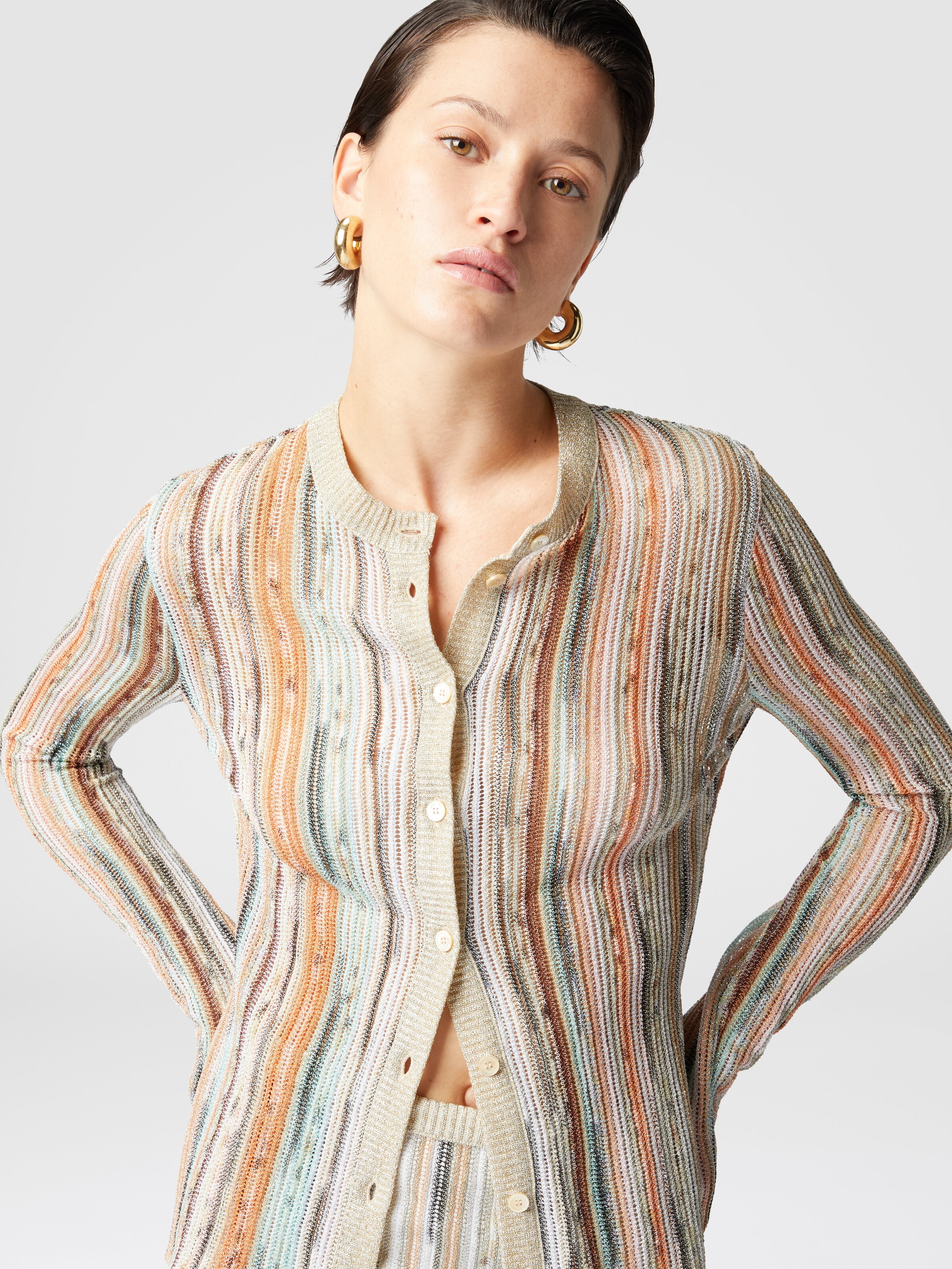 Striped lamé slub viscose crewneck cardigan, Multicoloured  - 4