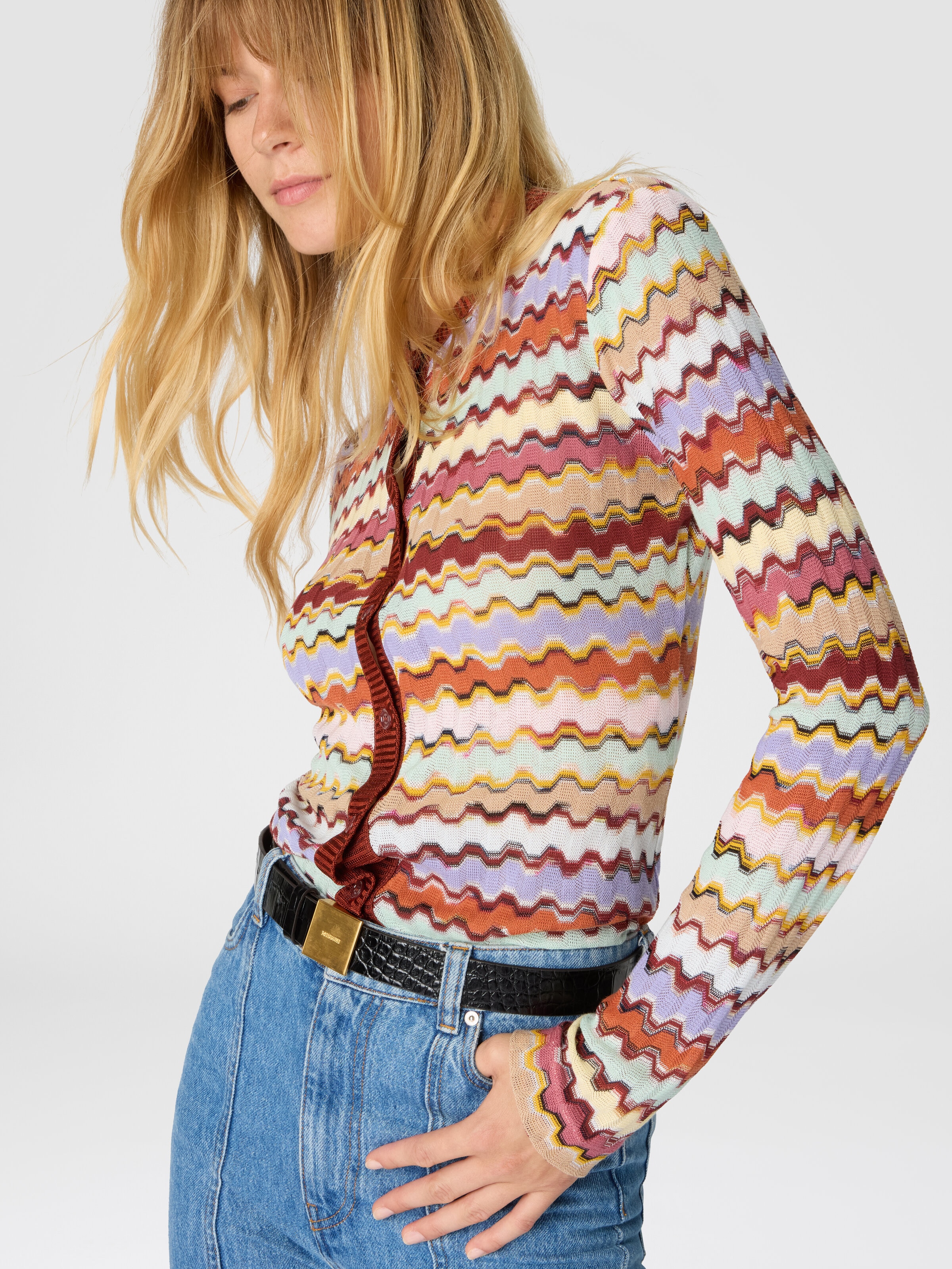 Raschel crew neck cardigan, Multicoloured - 3