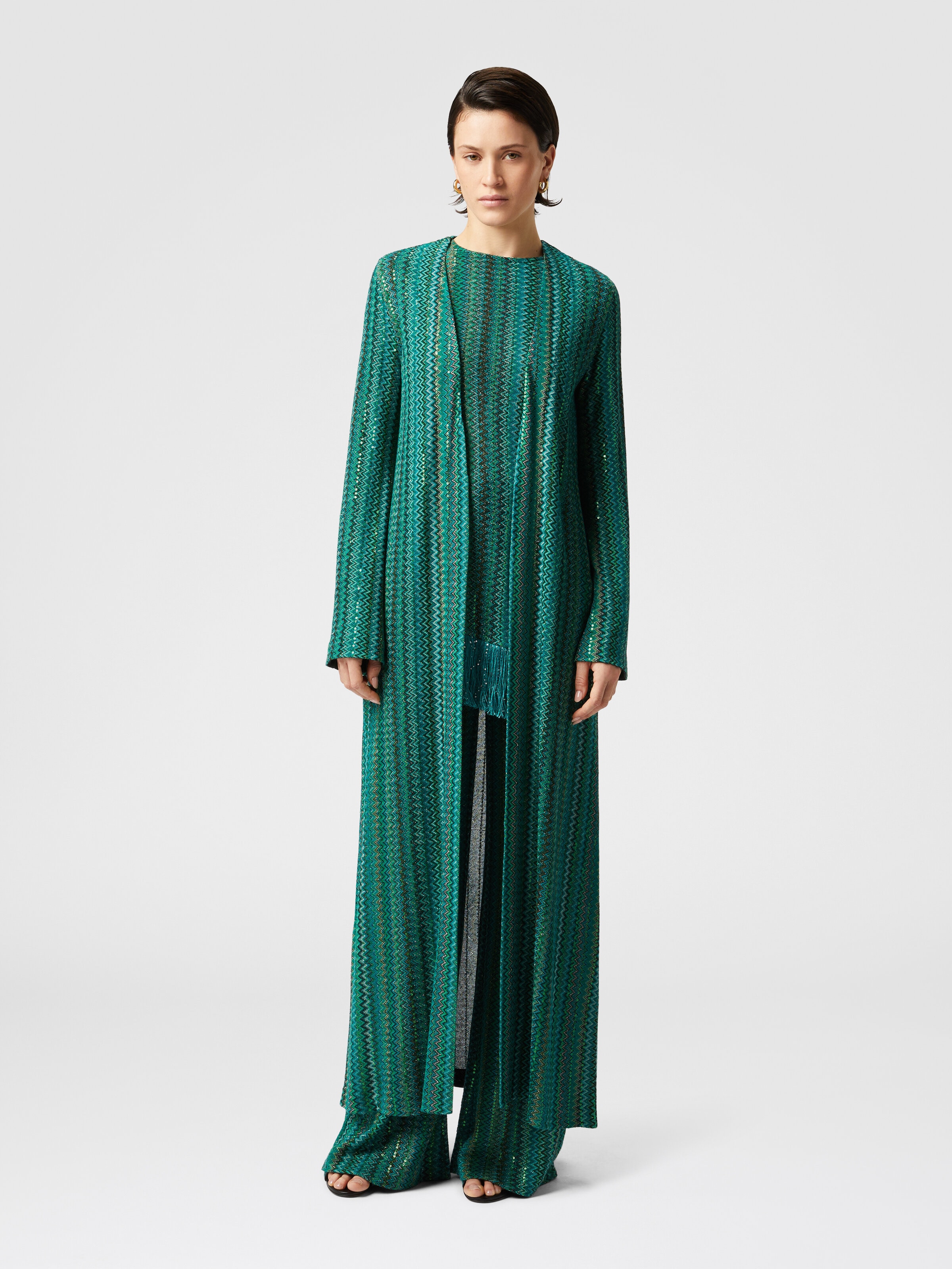 Lange Zick-Zack-Strickjacke mit Pailletten ohne Knöpfe, Mehrfarbig  - 1