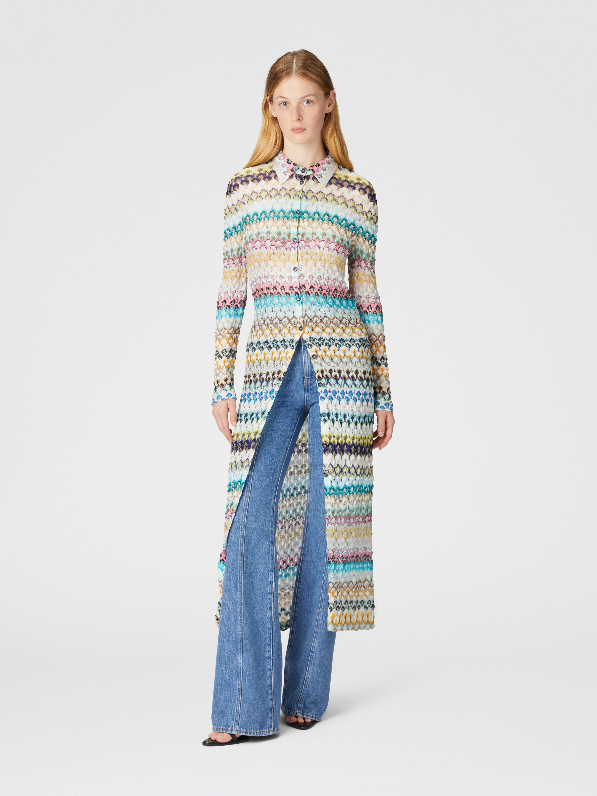 Slim cardigan with striped lace collar, Multicoloured  - 1