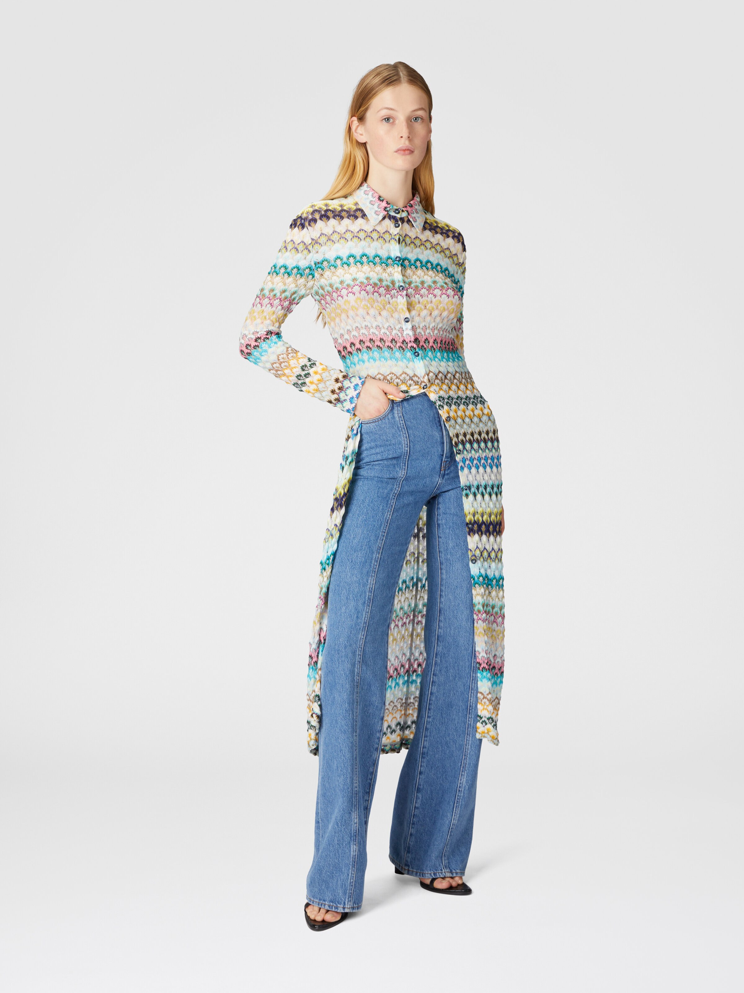 Slim cardigan with striped lace collar, Multicoloured  - 3
