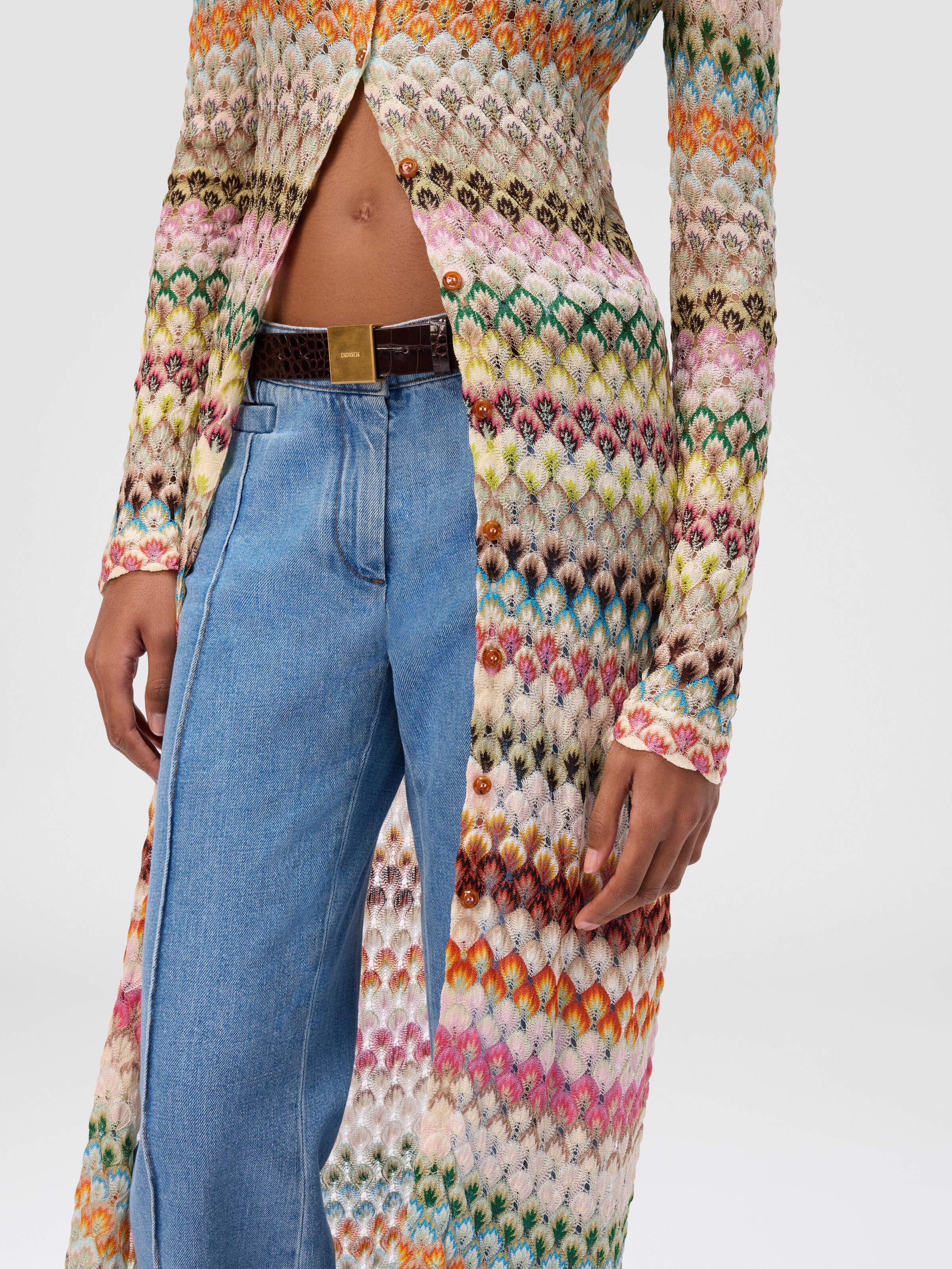 Slim cardigan with striped lace collar, Multicoloured  - 3