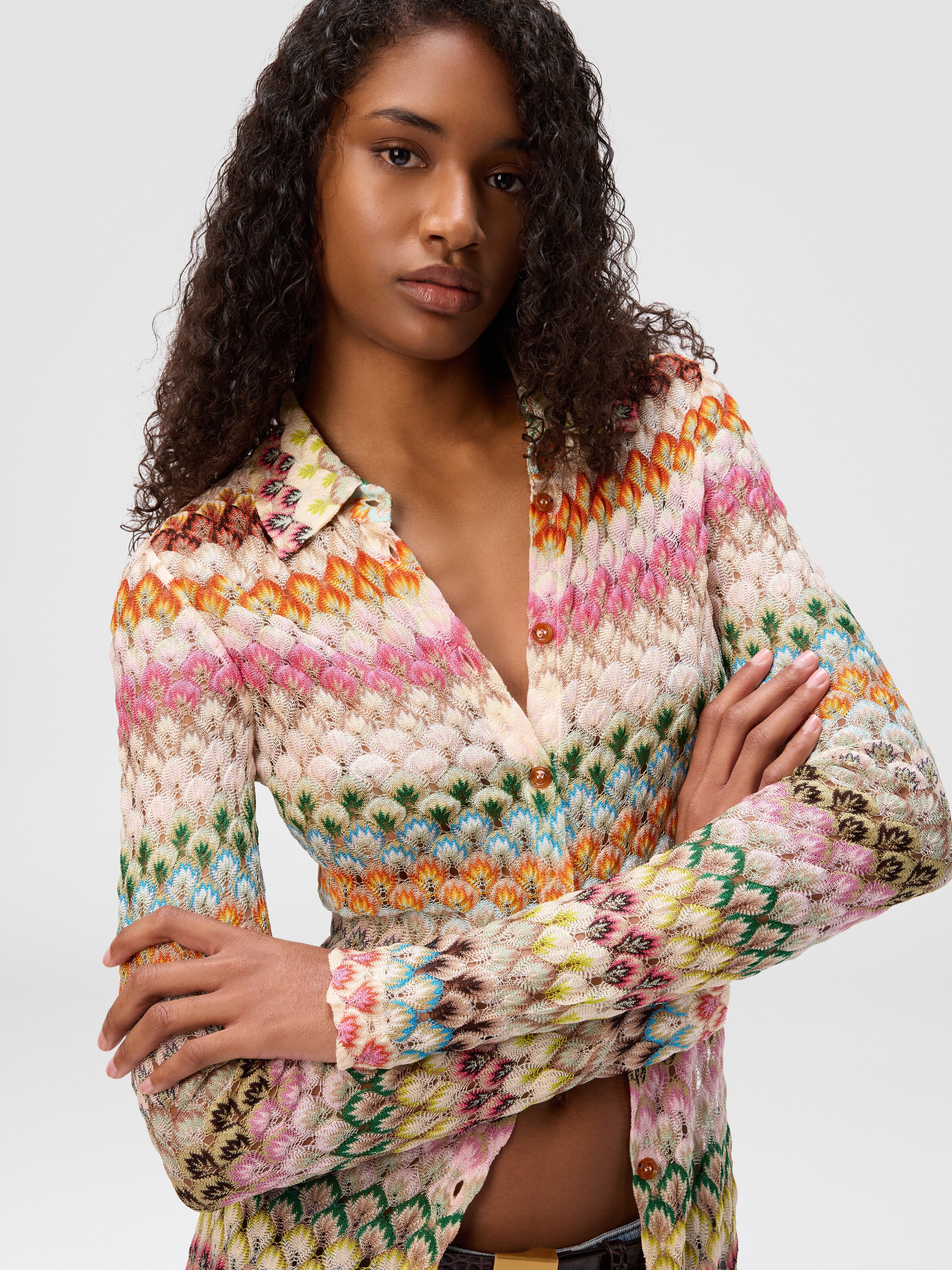 Slim cardigan with striped lace collar, Multicoloured  - 4