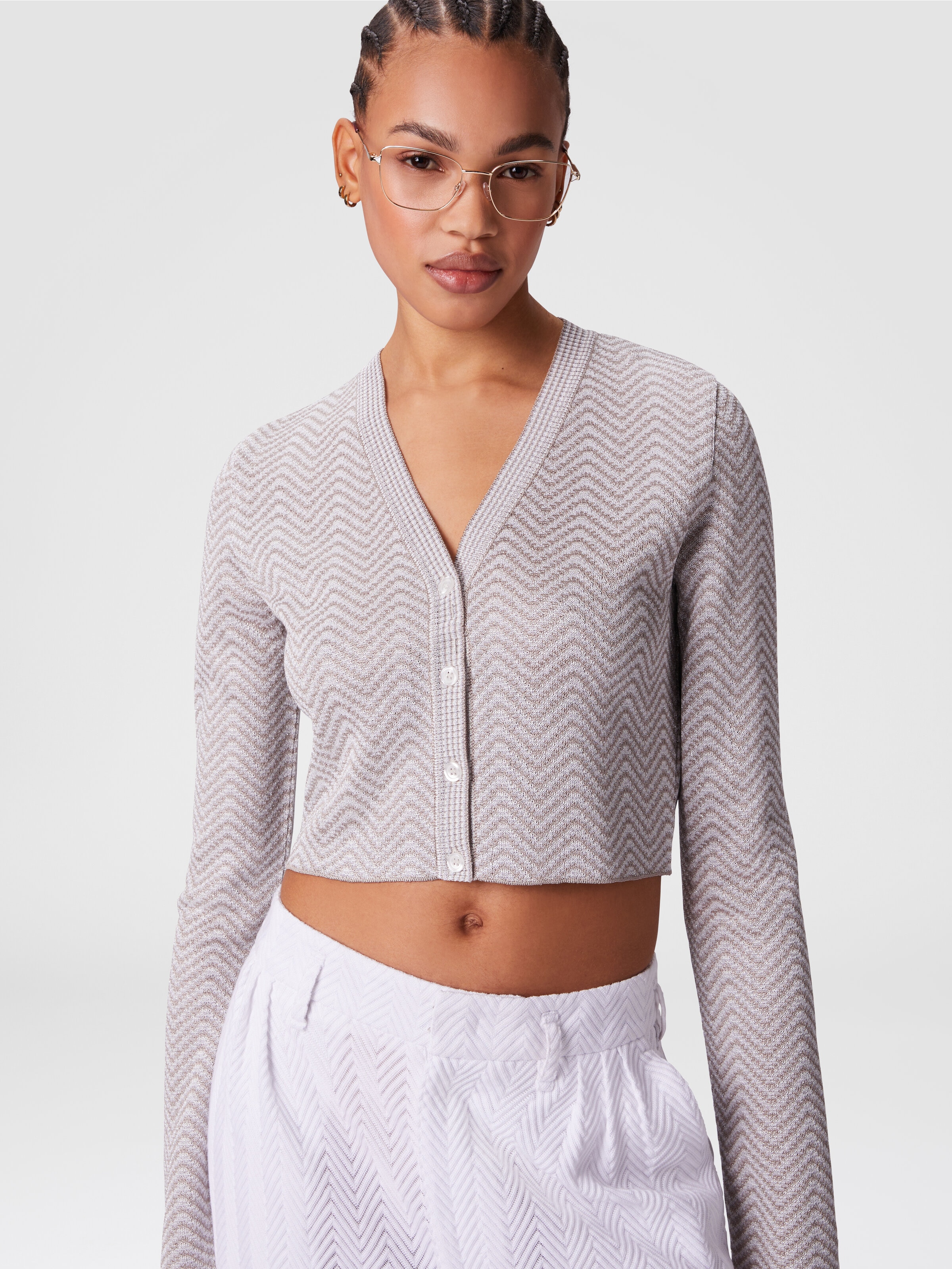 Kurzer Cardigan mit Wellenmuster, Weiß & Beige - 3