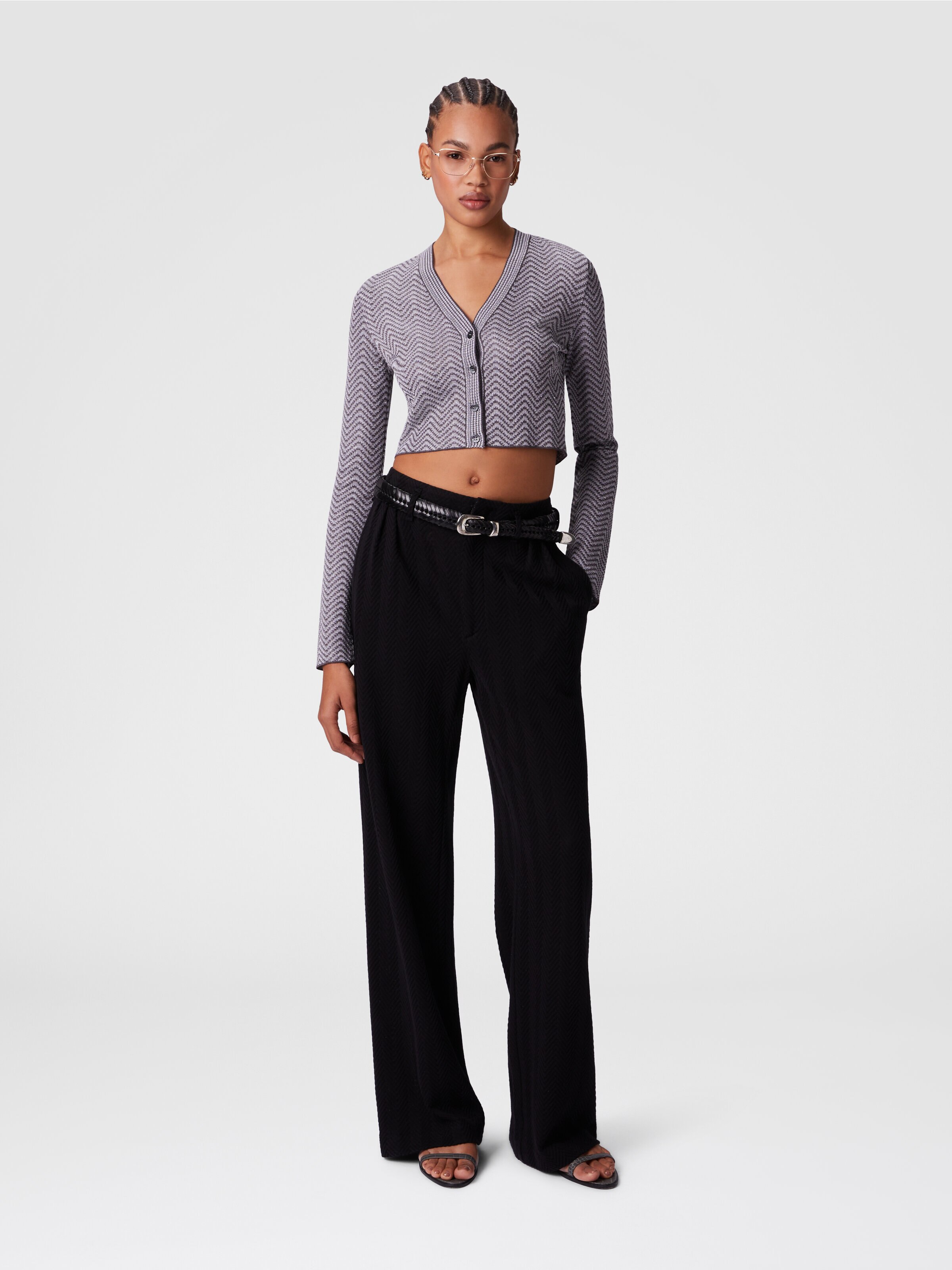 Cropped cardigan with wave pattern, Silver & Grey  - 1