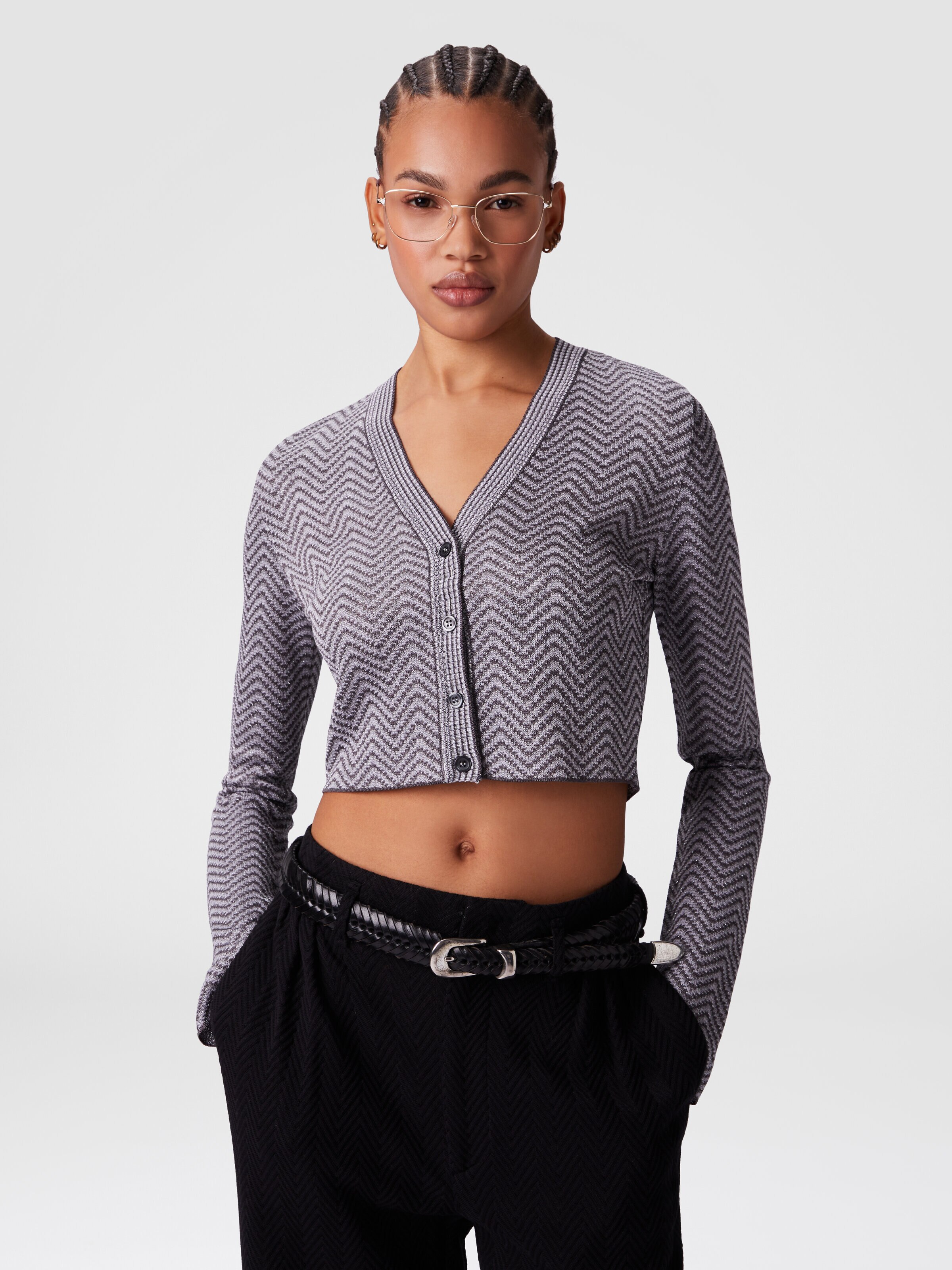Cropped cardigan with wave pattern, Silver & Grey  - 3