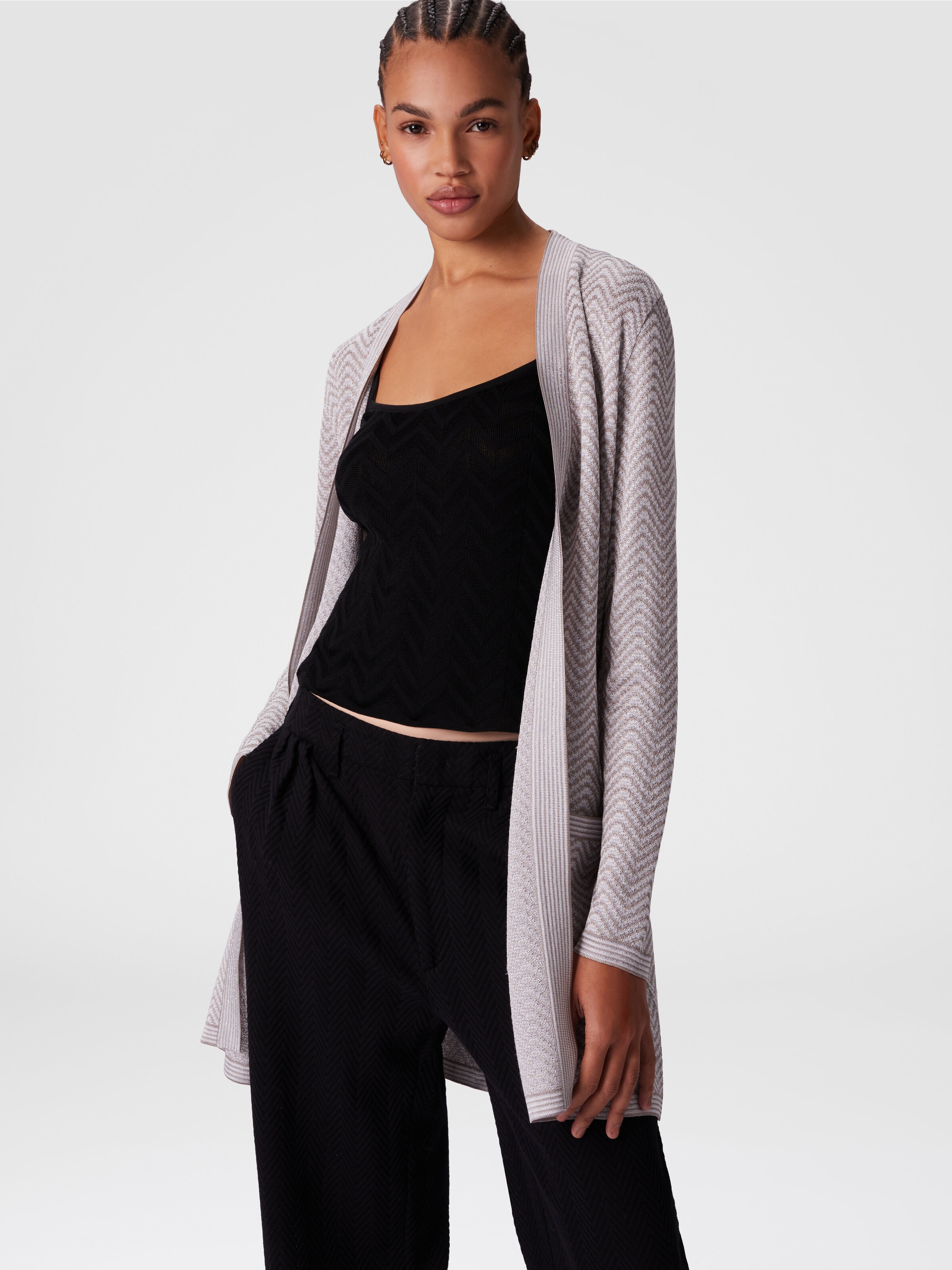 Cardigan wave pattern with belt, White & Beige - 3