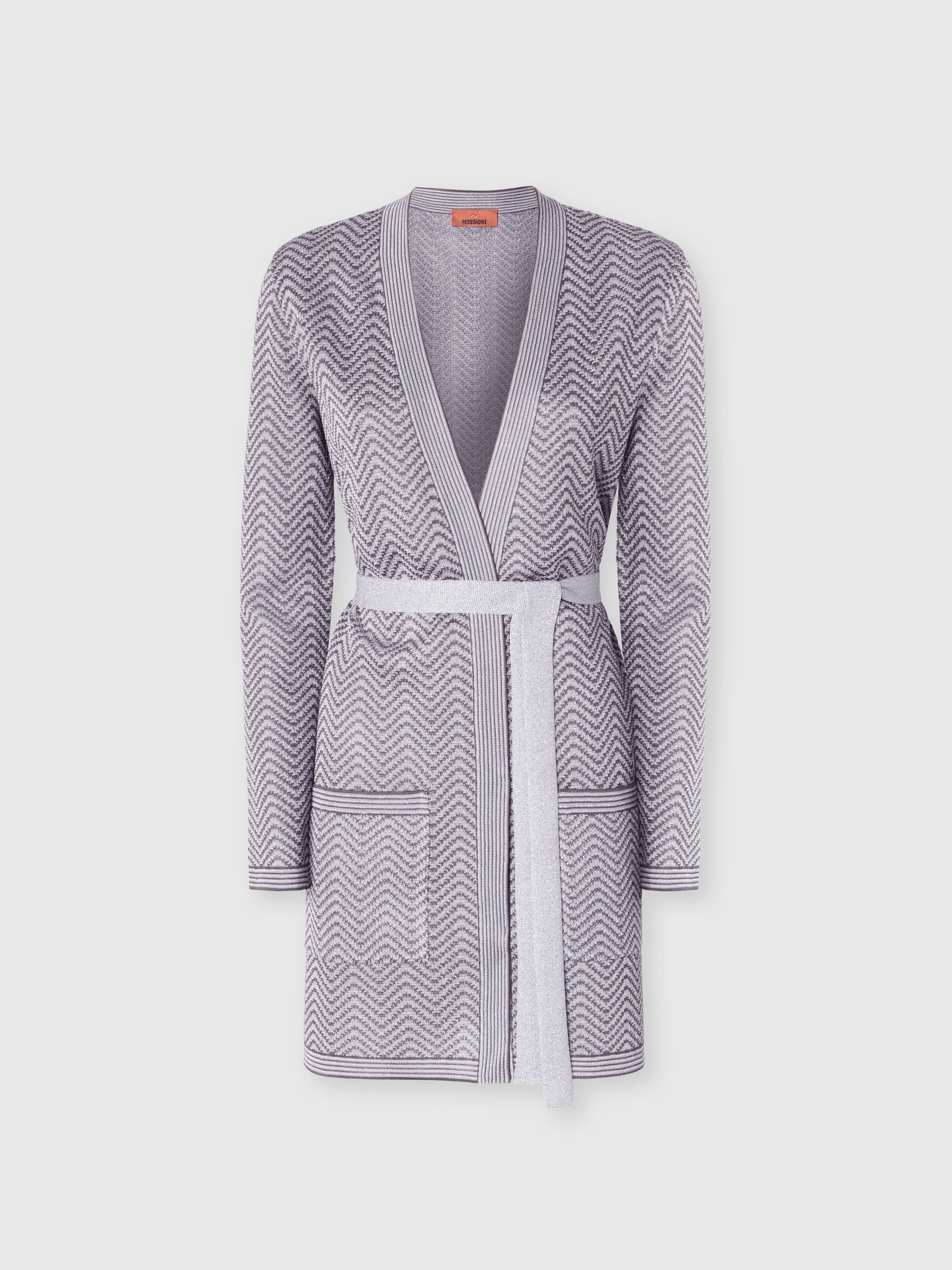 Cardigan wave pattern with belt, Silver & Grey  - 0