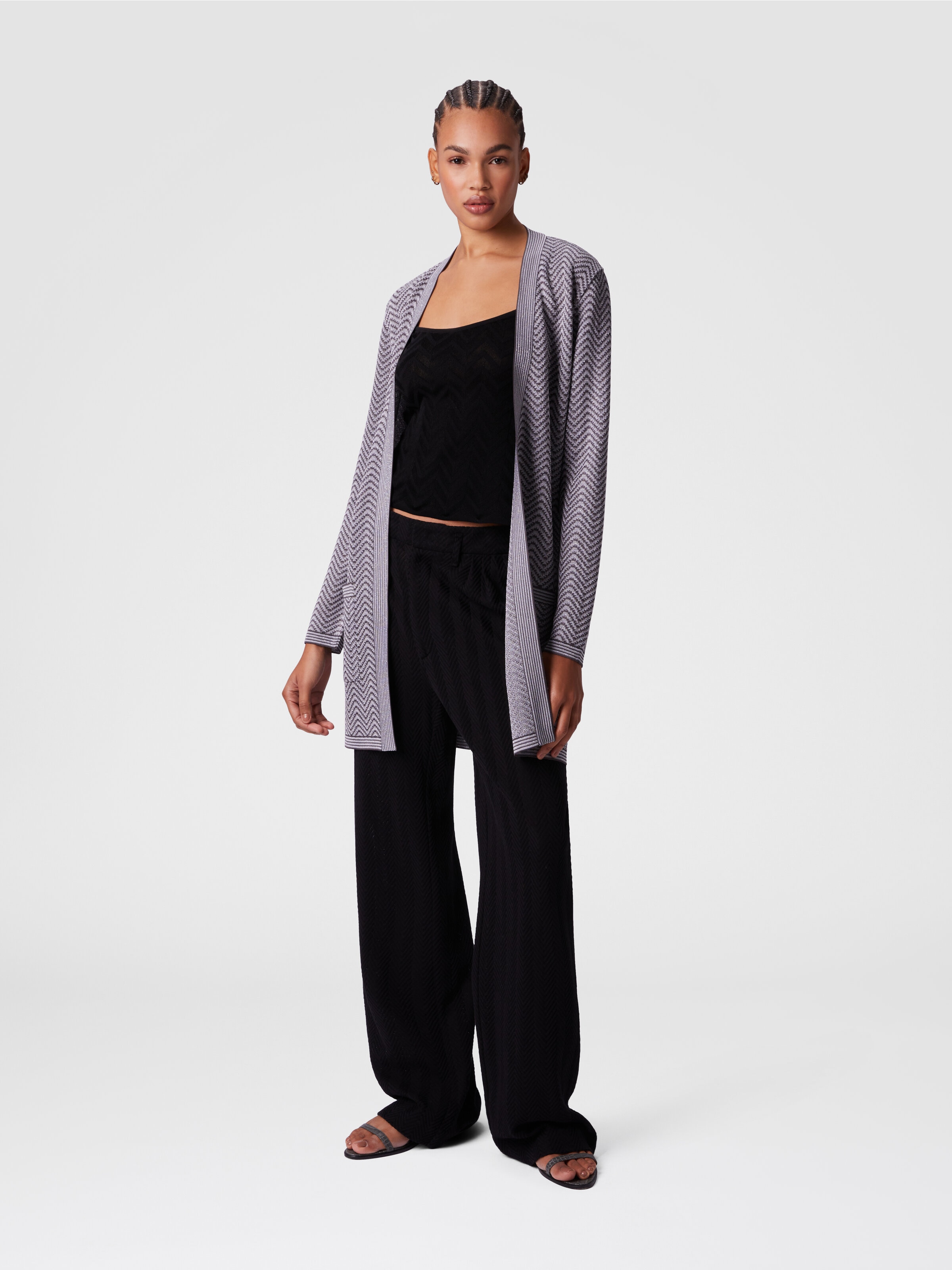 Cardigan wave pattern with belt, Silver & Grey  - 1